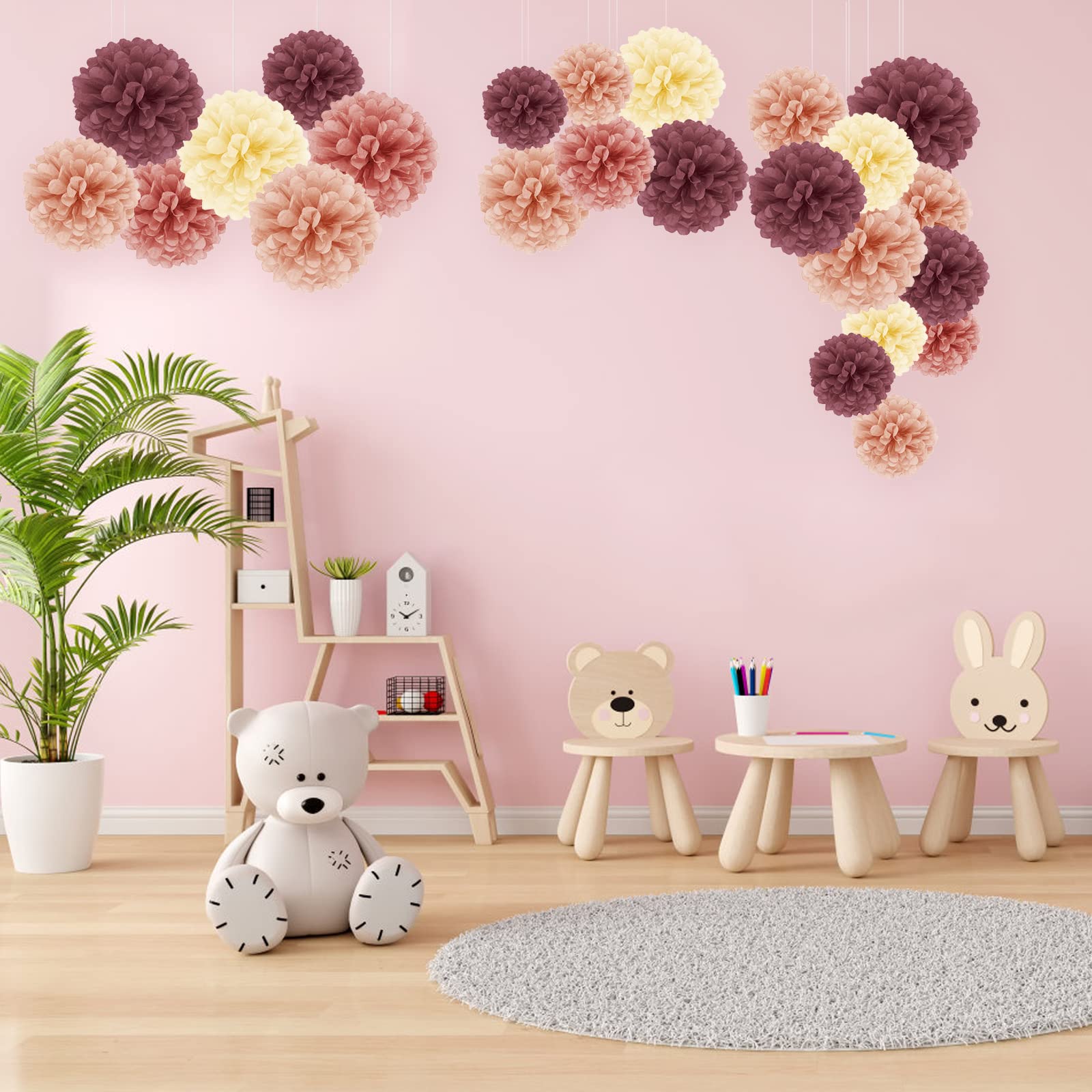 Yumcute 15 Pièces Pompons Papier Soie Rose Et Blanc - Décoration Mariage Baptême Fête