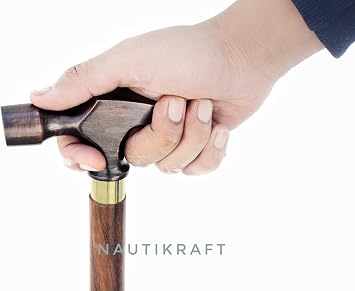 Antique Wooden Walking Cane Stick with Unique Brass Hammer Head Handle, Versatile Rugged Style Support
