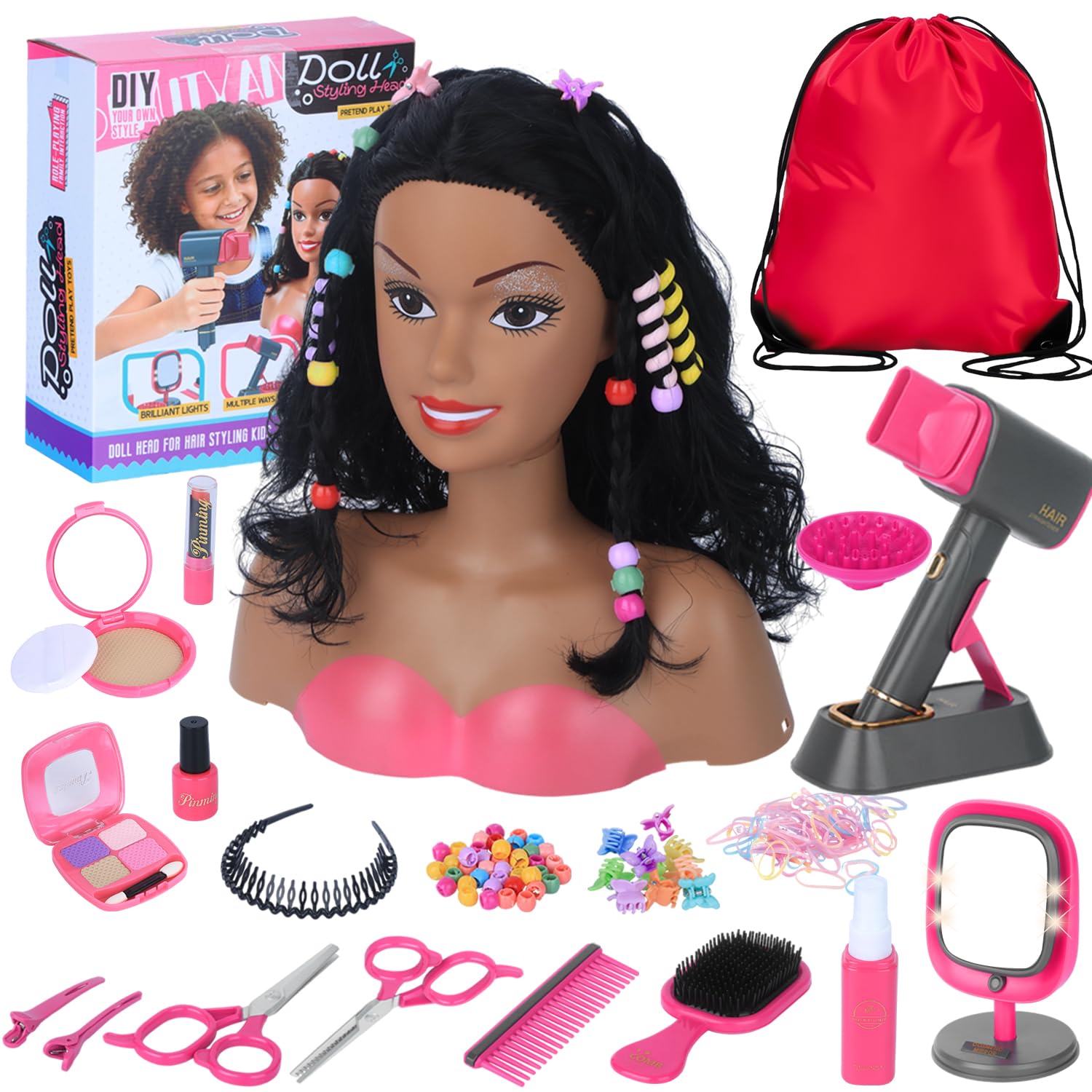 3-in-1 Doll Head for Hair Styling Kids with Storage Bag for Girls 3-8