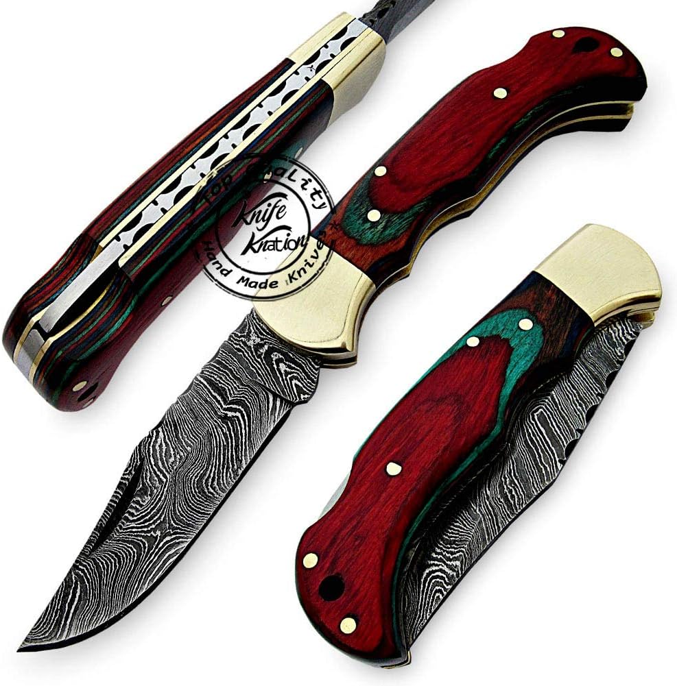 Multi Colour Wood 6.5'' 100% Handmade Damascus Steel Folding Pocket Knife 100% Prime Quality