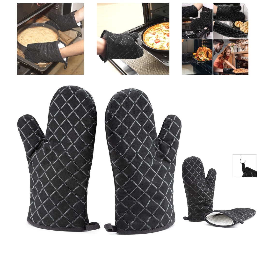 Oven Gloves Heat Resistant Mitts Superior Grip Non Slip Glove 28cm Long Black, 2 Pcs Oven Glove For Coooking,Baking,Grilling