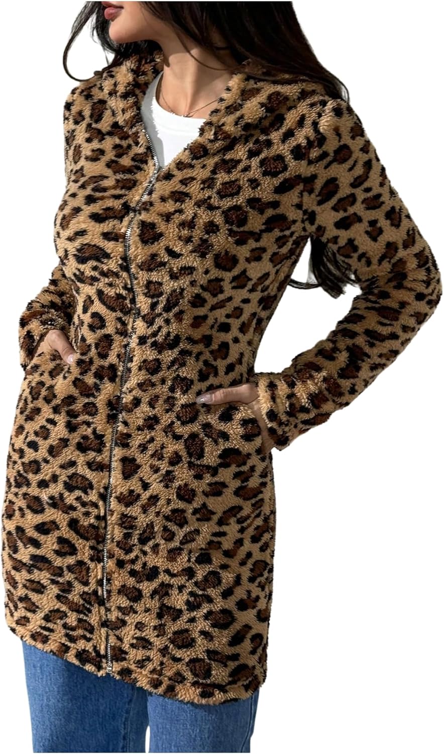 Milumia Women's Leopard Faux Fur Coat Winter Warm Zip Up Long Sleeve Hooded Jacket Outerwear