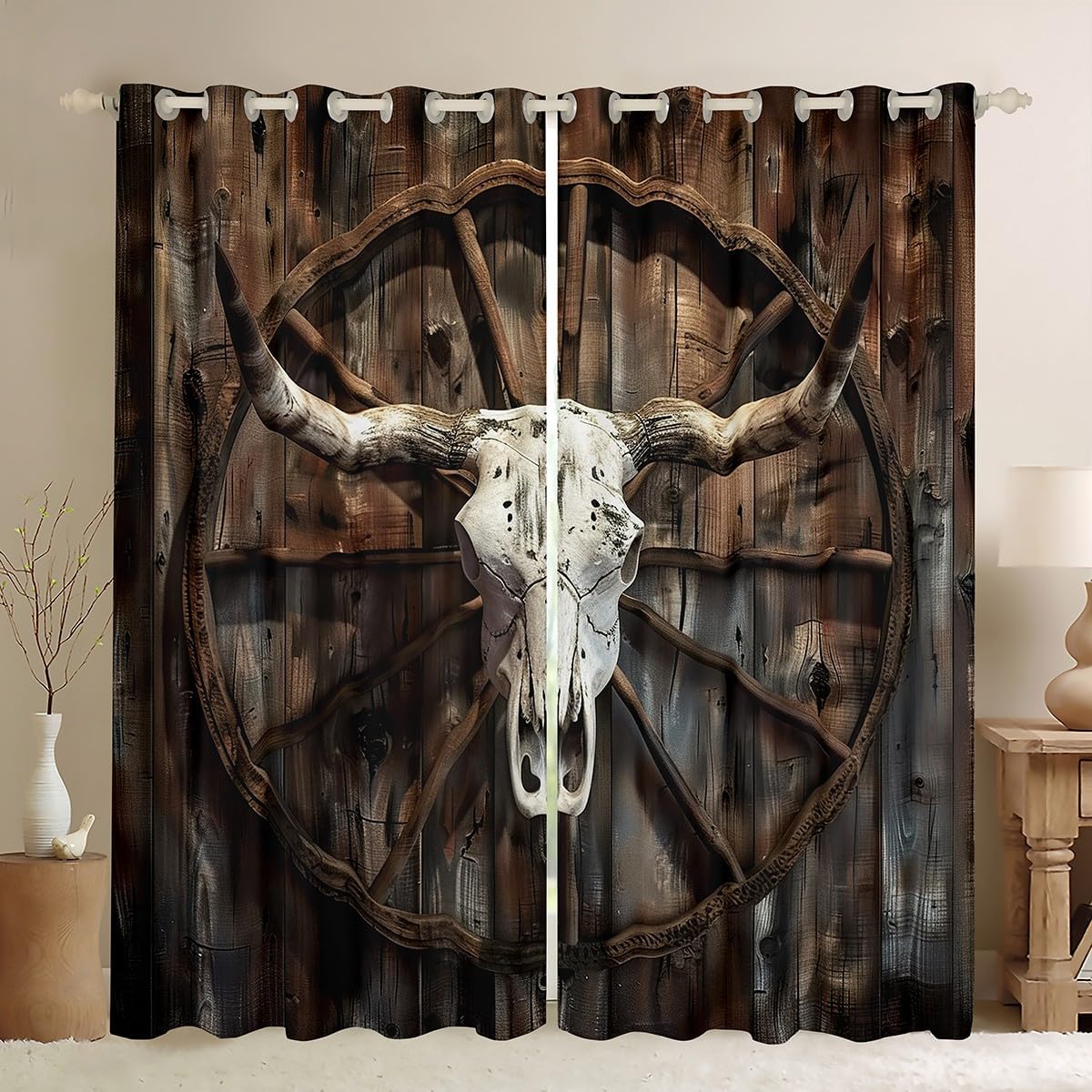 Erosebridal Cow Skull Curtains Animal Skeleton Curtains & Drapes, Vintage Farmhouse Blackout Curtains Retro Old Barn Door Bedroom Curtains, Brown Window Treatments