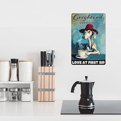 Miniatura 6 de Cartel de hojalata vintage de Greyhound Dog Love At First Sip Retro Coffee Póster de metal divertido para amantes de los perros, arte de pared para