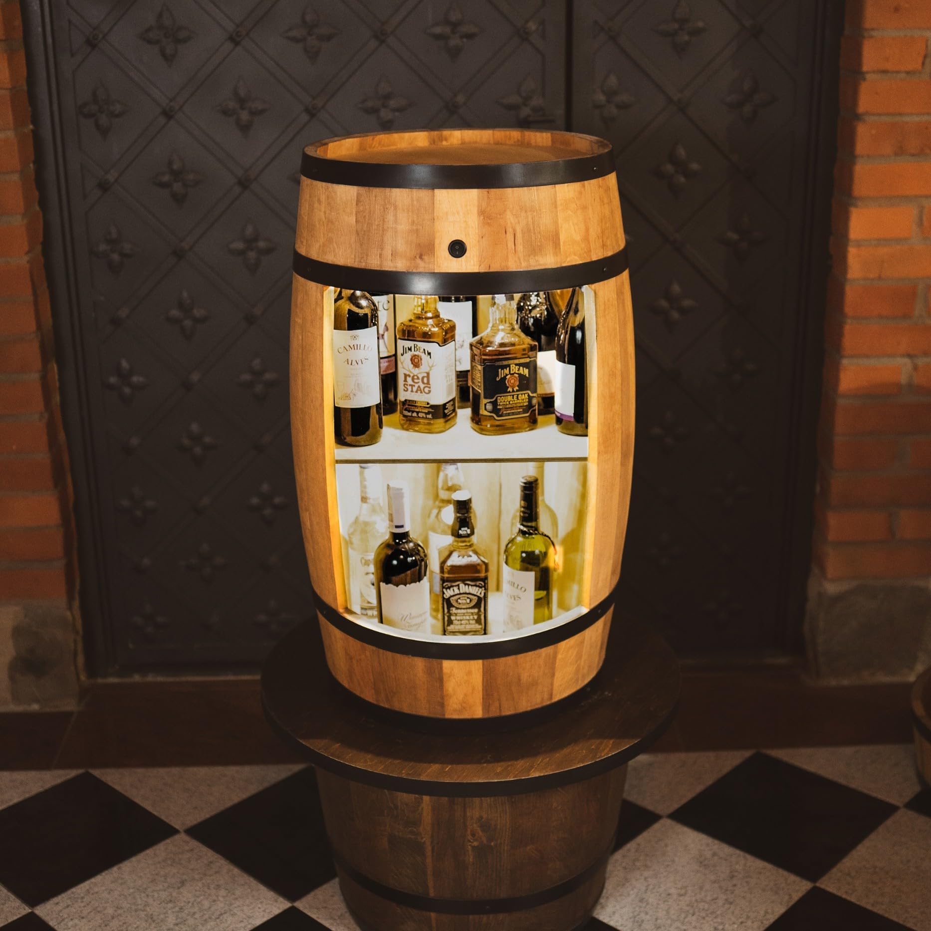 CREATIVE COOPER Barile di Legno a LED Con Portabottiglie per Vino, 80 x 50 cm, Decorazione Rustica per Bar, Whisky (Rovere)