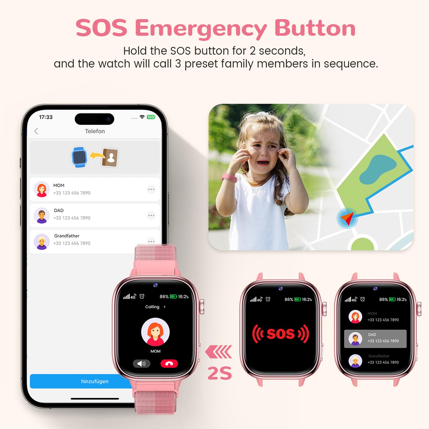 SWGOTA 4G Smartwatch Bambini con GPS e Telefono, Orologio Smartwatch Bambini con Videochiamate, Messaggi, Modalità Scuola, SOS, Impermeabile IP68, Contapassi - Regalo per Ragazzi e Ragazze (Rosa)