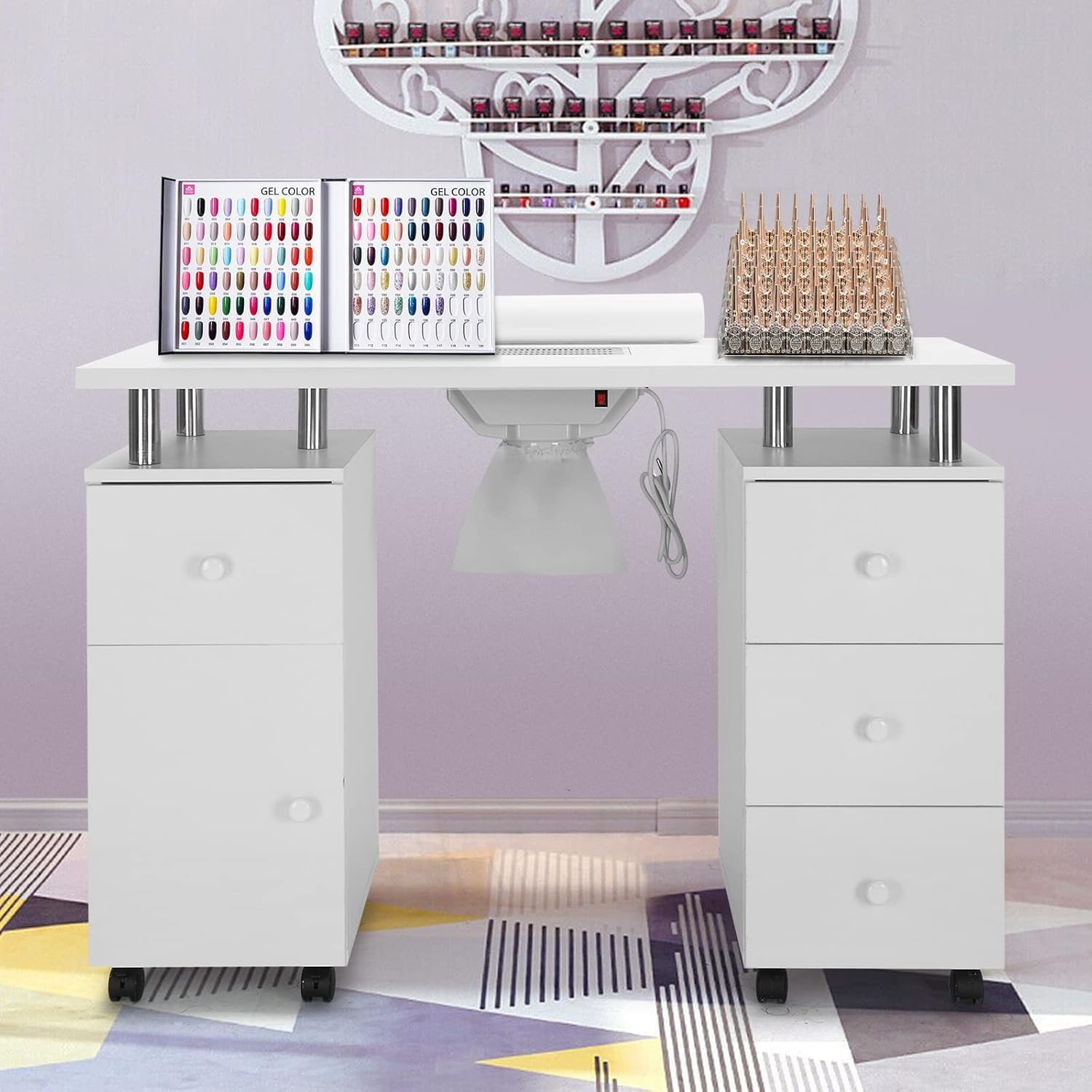 Mesa de Manicura para Uñas con Aspirador,8 Ruedas,3 Bolsas para Polvo, Reposamuñecas, 6 Cajones,Mesa Profesional para Artistas, tatuadores, Estudios y estética (Extra Grande Blanco)