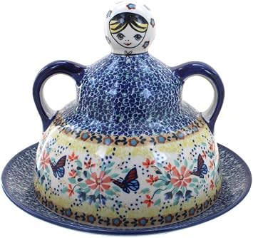 Blue Rose Polish Pottery - Yellow Blue Butterfly Cheese Lady - 8.5" Diameter - Polish Pottery Ceramic Cheese Keeper with Lid, Decorative Butter or Cheese Dish