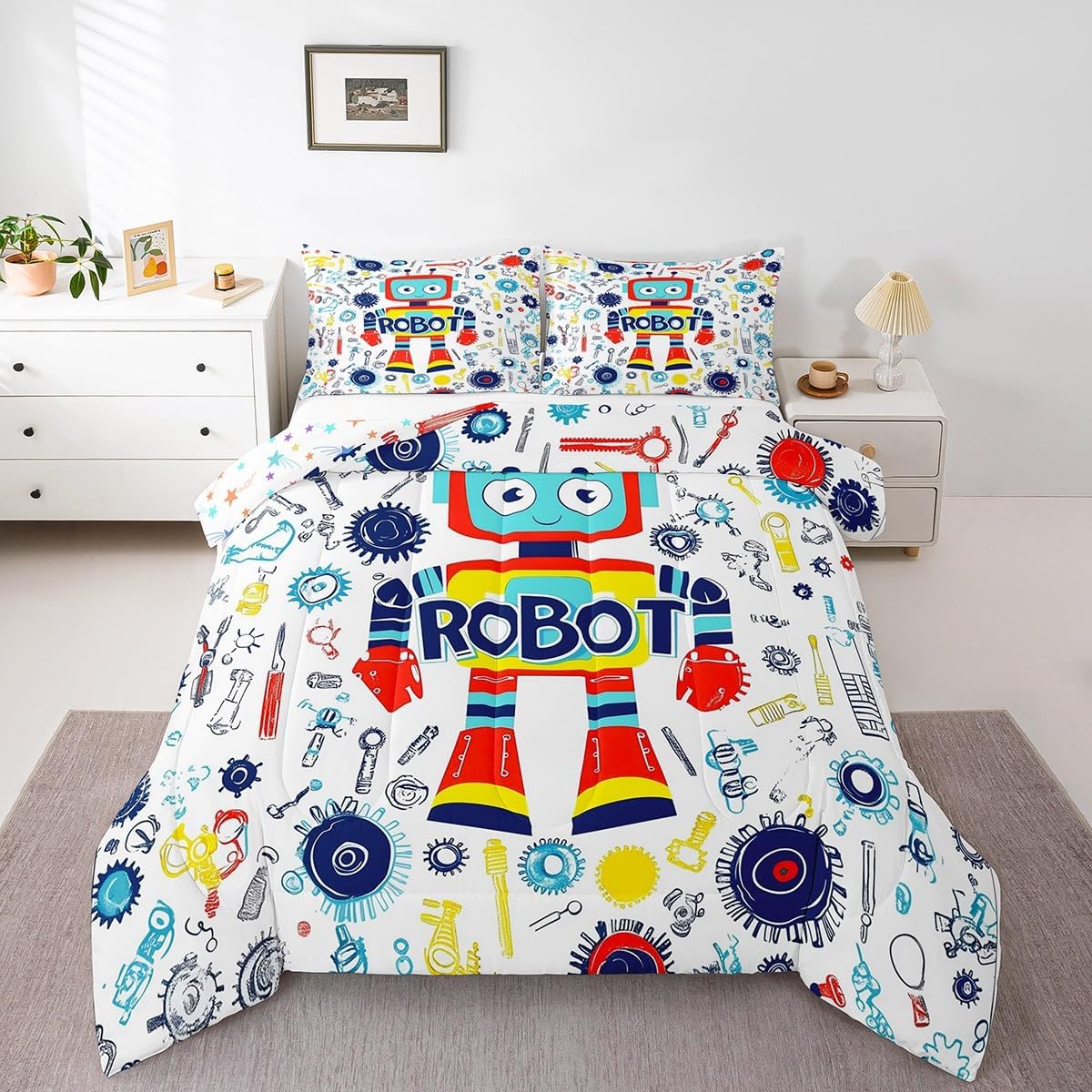 Erosebridal Boys Cartoon Robot Bedding Set Colorful Robot Pattern Twin Comforter Set for Kids Teens Outer Space Down Comforter Kawaii Decor Bedding Comforter Sets for Room