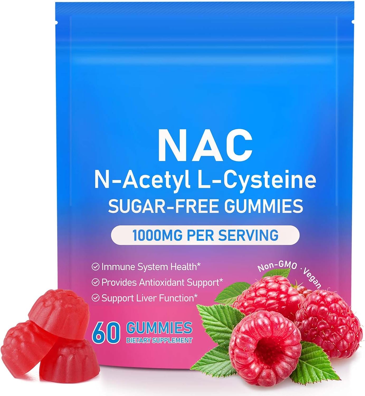 NAC Supplement N-Acetyl Cysteine, Nac Gummies 60pcs, Support Immnue, Liver Function, Antioxidant Support, Nac 1000mg Per Serving, Non-GMO, Vegan, Sugar-Free