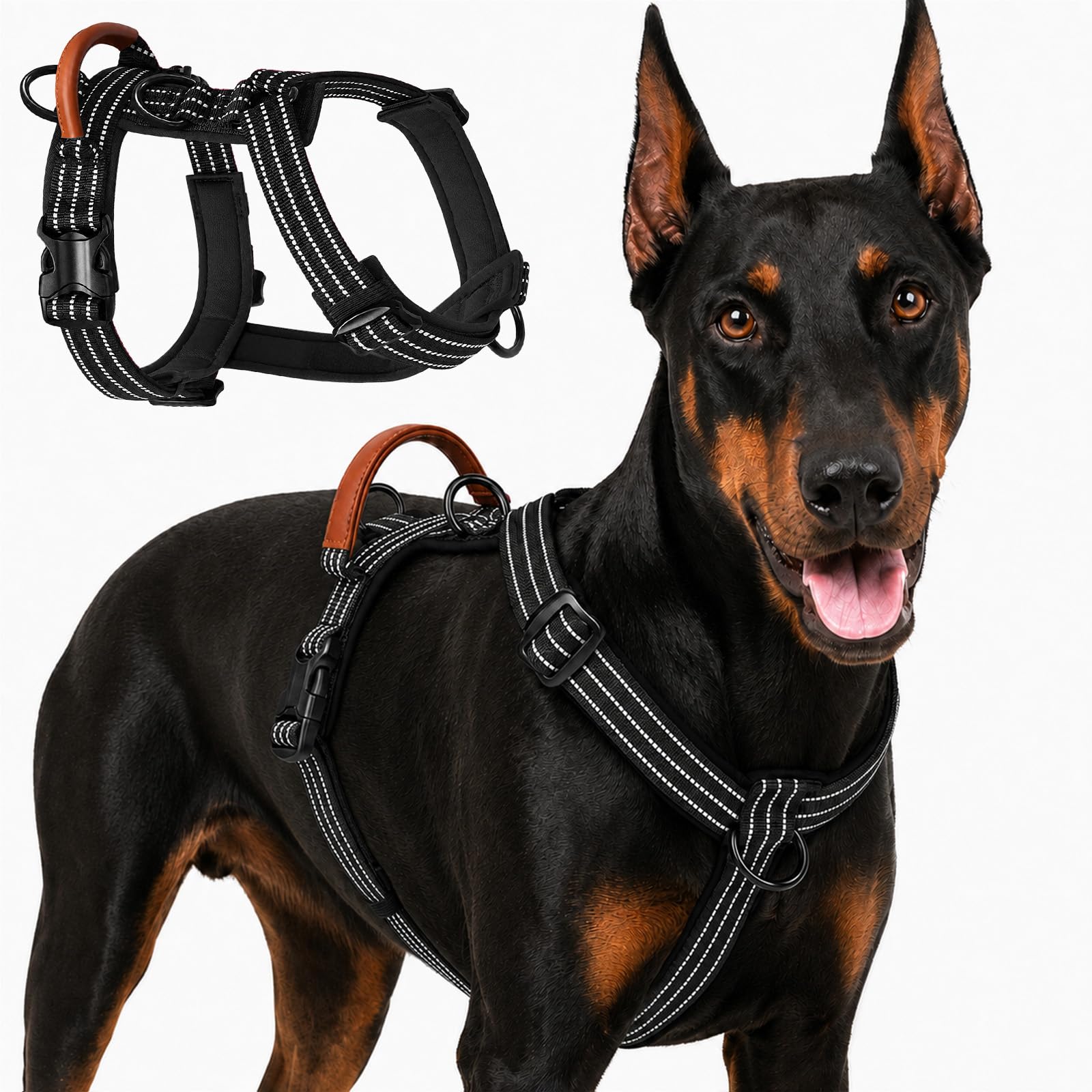 Avepisry No Pull Dog Harness for Medium Large Dogs, No-Choke Adjustable Dog Vest, Soft Padded Reflective Pet Harness with Easy Control Handle and 3 Leash Clips for Daily Walking Training (Black, M)