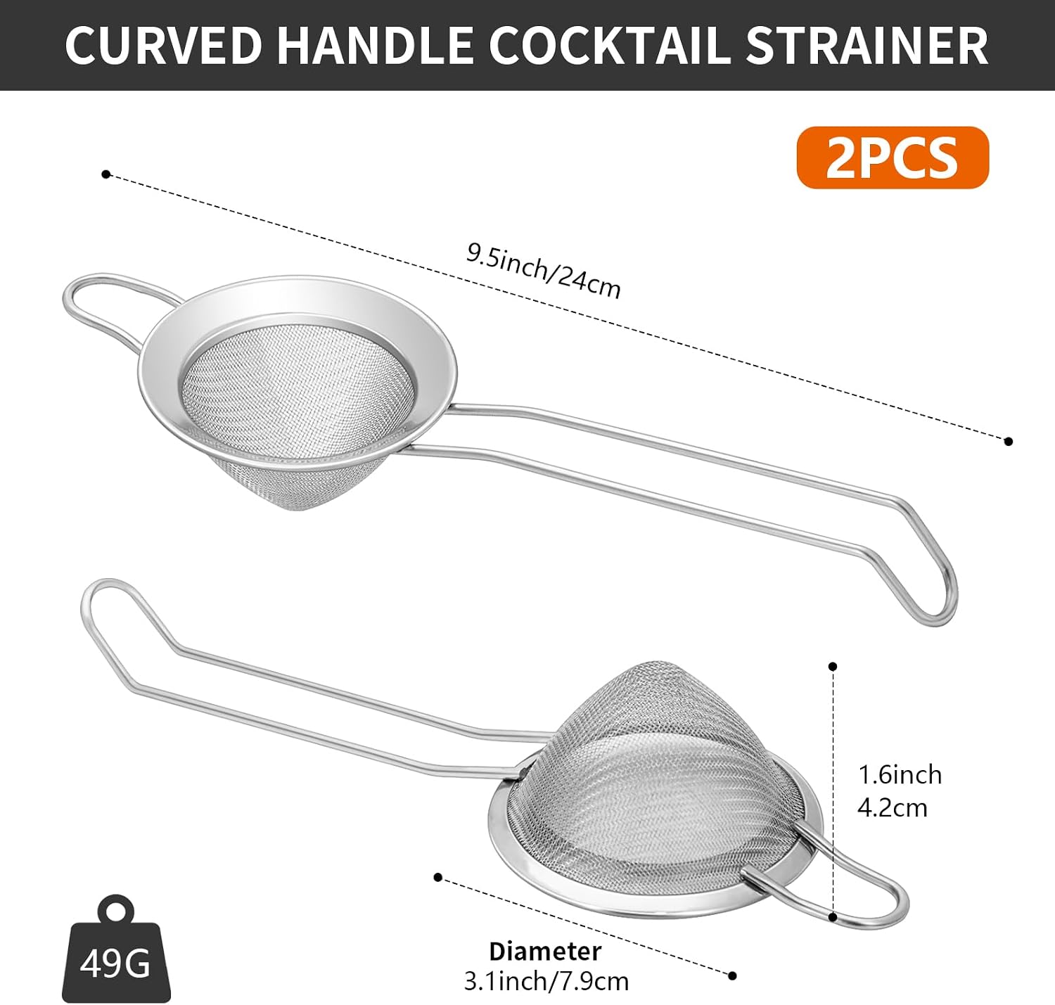 2 Pcs Stainless Steel Small Strainer Fine Mesh Strainer, Mini Cocktail For Cocktails Tea Herbs Coffee & Drinks, Tea with Handle, Rust Proof (2, Silver)