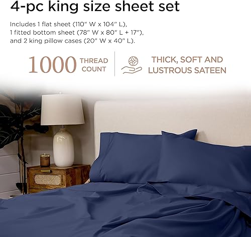 Miniatura 2 de Threadmill American Supima - Sábanas de algodón tamaño King, 1000 hilos, 4 piezas de sábanas de lujo para colchón King, sábanas de calidad de hotel