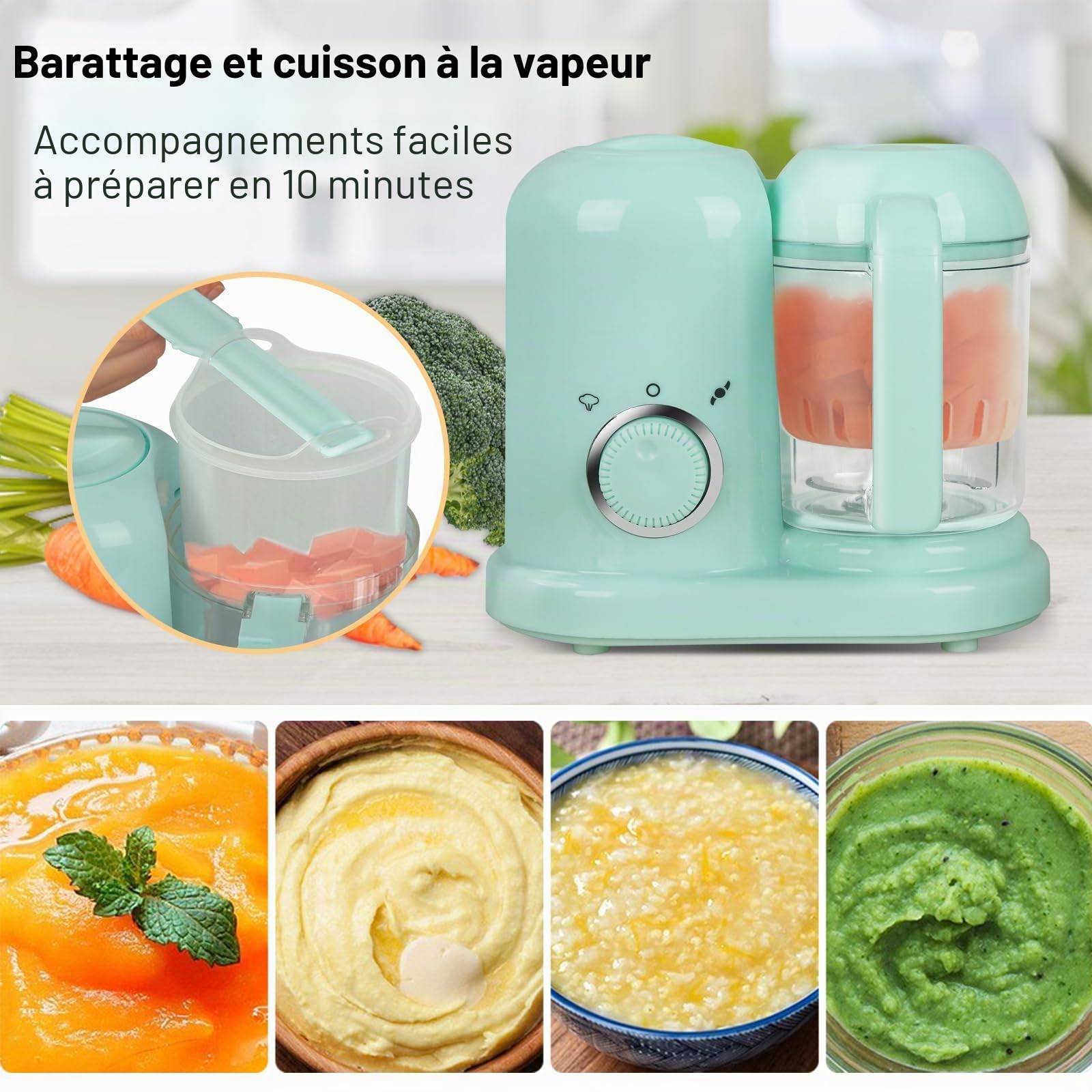 Robot multifonctions 4 en 1, préparateur d'aliments pour bébés, diversification alimentaire, cuiseur vapeur, mixeur, décongélation, réchauffage, cuisson vapeur douce, cuisson vapeur rapide (Vert)
