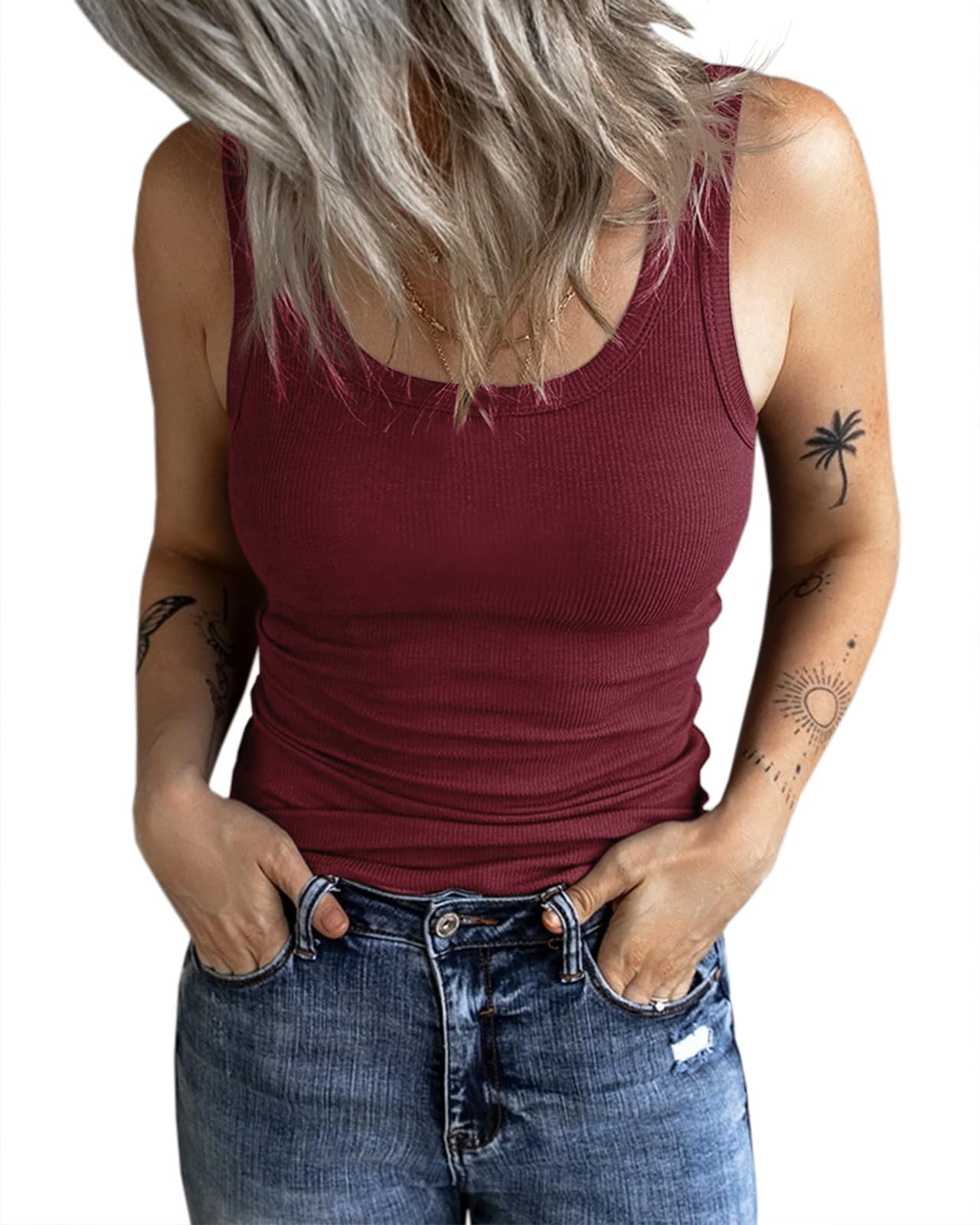 Fessceruna Damen Tops Sexy Tanktop Ärmellos Sommer Oberteil | U-Ausschnitt, Einfarbig, Gerippt Sommertop, Camisole Shirt mit Knöpfen, Elegant Träger-Tops