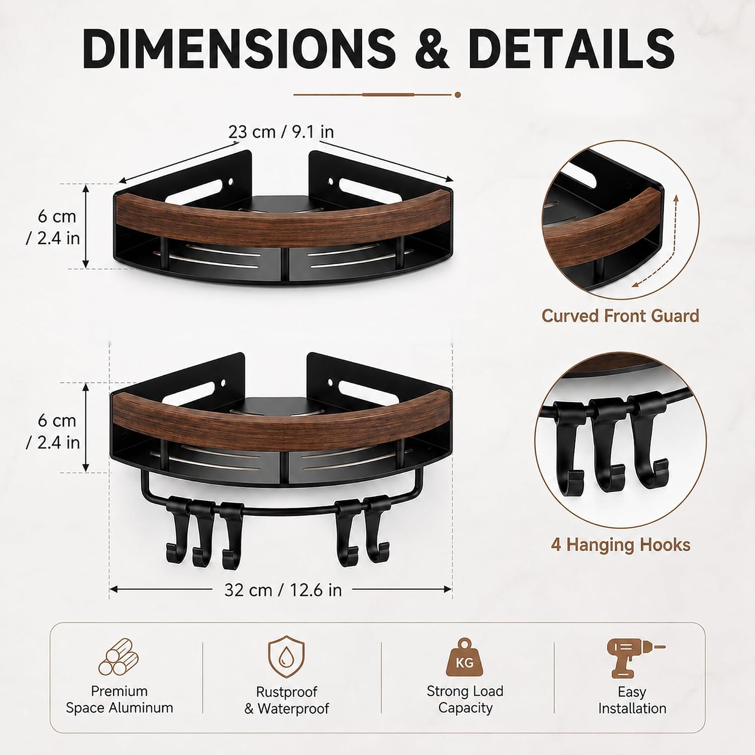 1PC Shower Corner Shelf, Walnut Wood & Stainless Steel Caddy