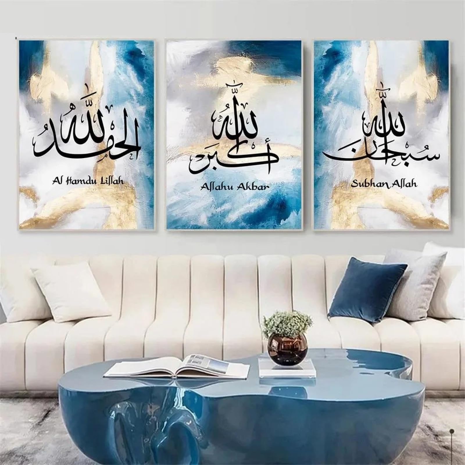 Baibexing Subhanallah Islamic Calligraphy Arabic Abstract Blue Gold Poster Muslim Canvas Painting Wall Art Print Picture Living Room Decor 60X80Cmx3Pcs Unframed