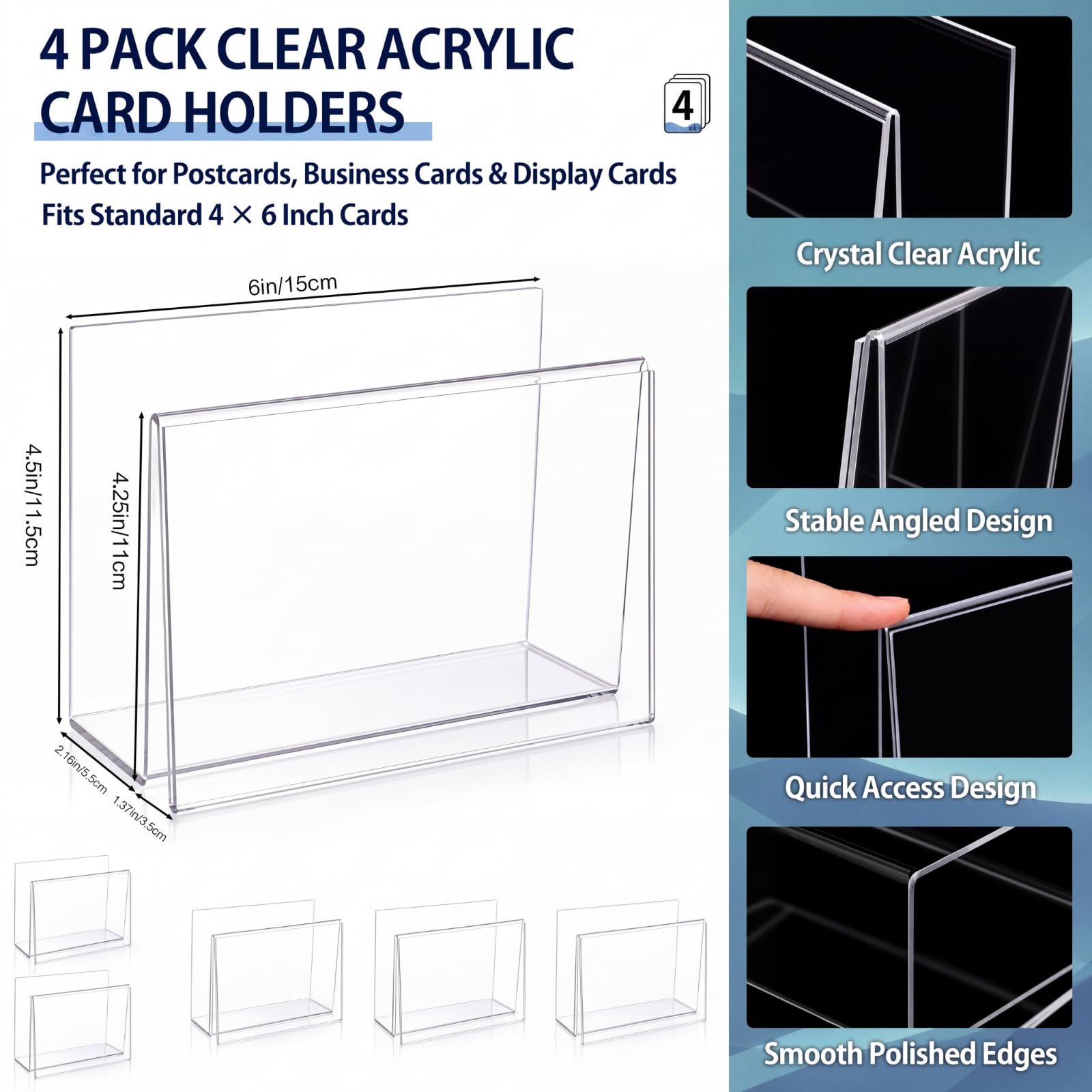 Vicenpal Lot de 4 porte-cartes postales en acrylique transparent pour cartes de visite, cartes de visite pour index, table, maison, bureau, école, 15,2 x 11,6 x 11,4 cm