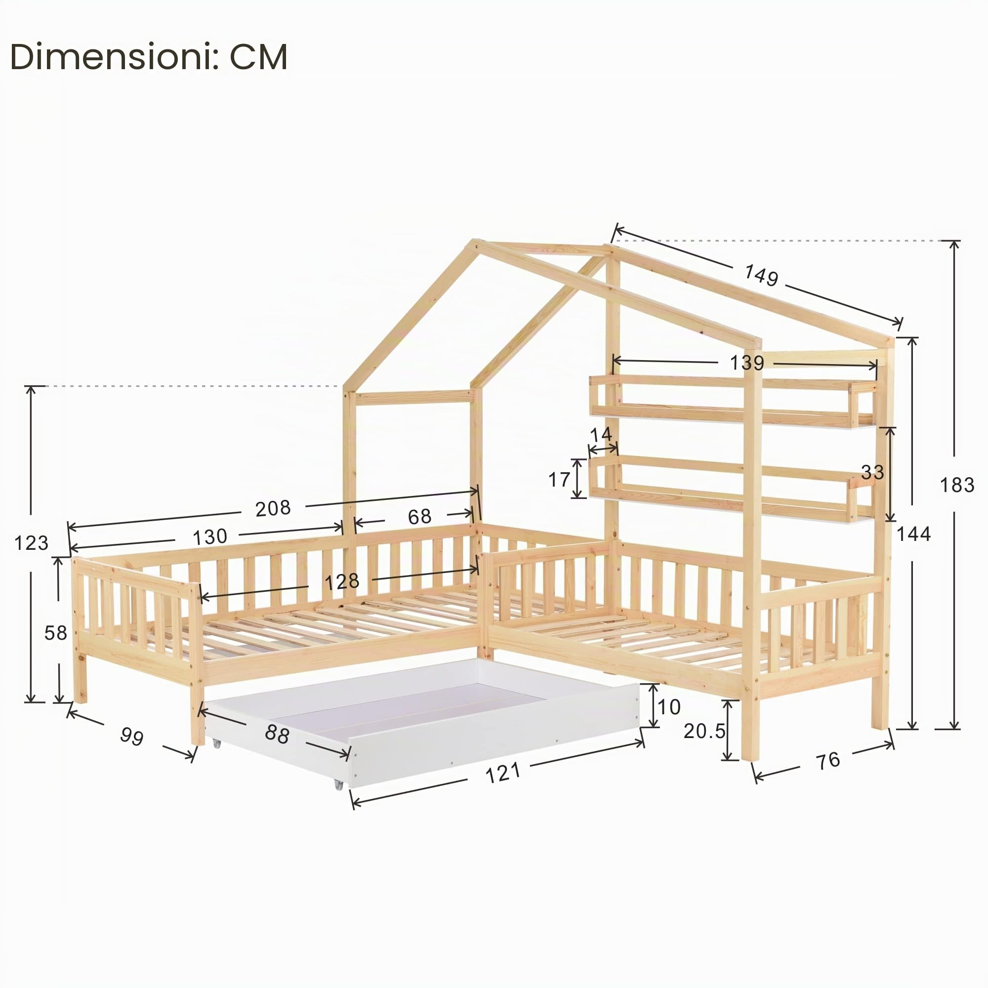 Soweiz Lettino per bambini con cassetti e ripiani, in legno massello con recinzione e rete a doghe, struttura a L, colore naturale (90 x 200 cm+140 x 70 cm)