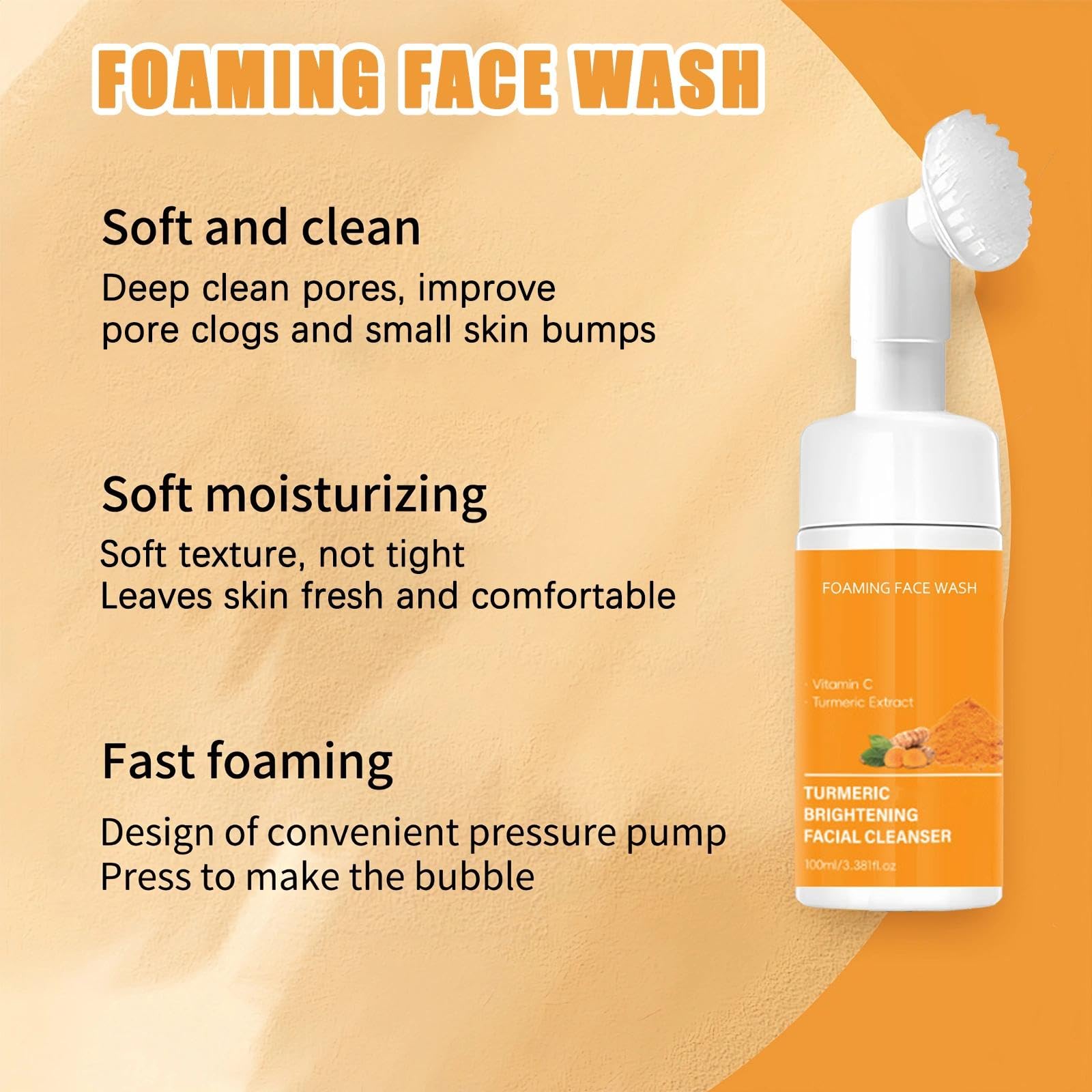Turmeric Face Wash with Brush, Foaming Cleanser for Women, Improves Blemishes, Zits, & Evens Skin Tone - Image 3