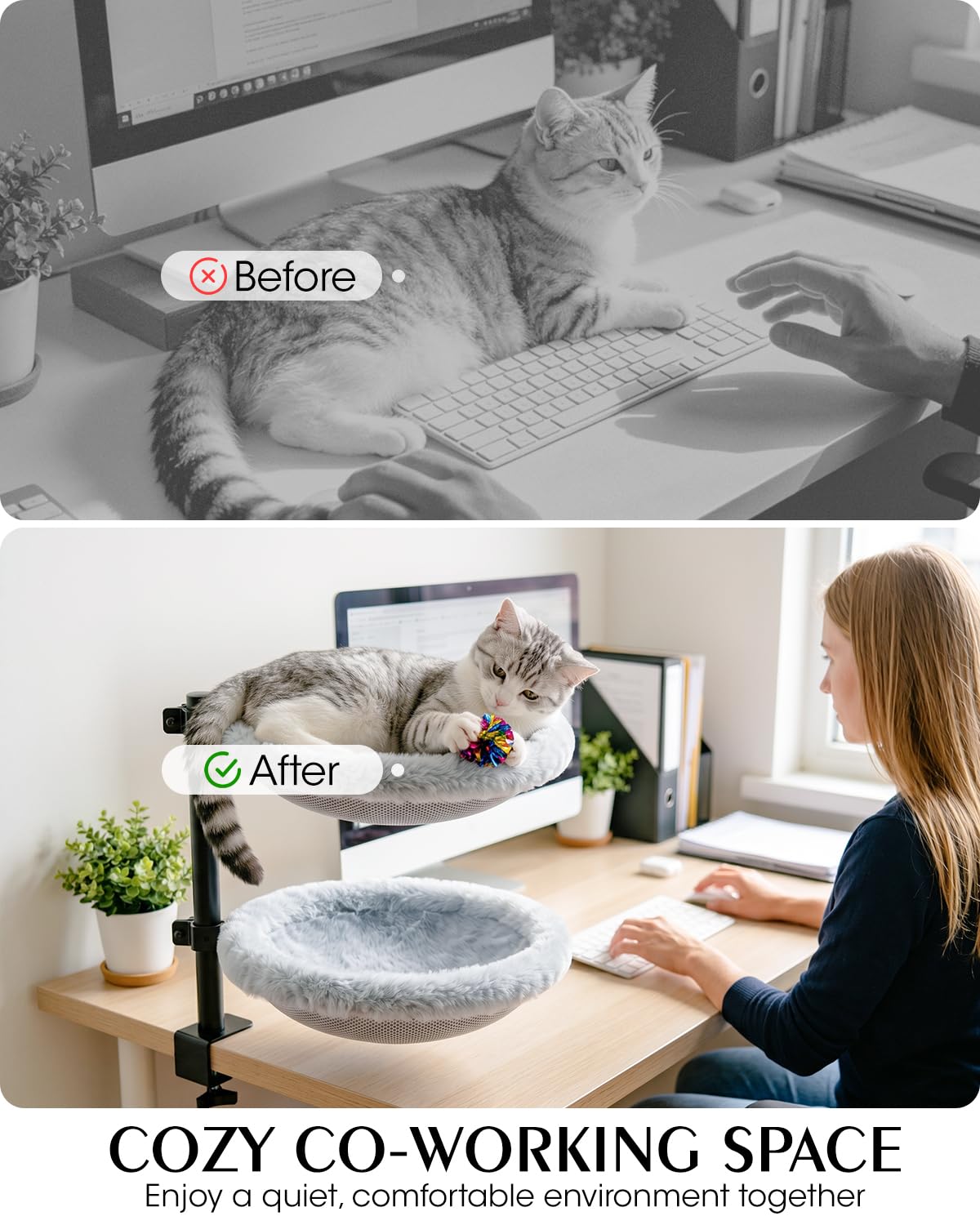 Doppel Katzenbett für Schreibtisch Höhenverstellbar 360° Drehbar Katzen Hängematte Doppelstöckig mit 2 Bezügen Mesh & Kunstfell Stabiler Stahlrahmen bis 30kg Büro Home Office