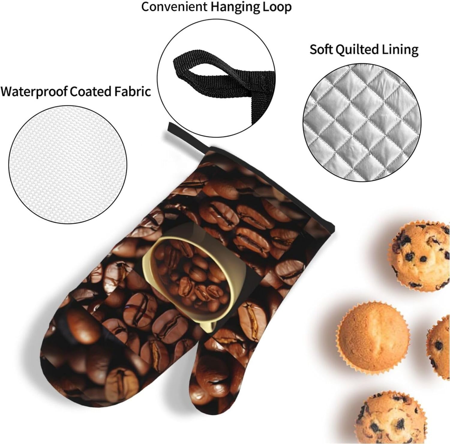 (Coffee Collage) Baking 4-Piece Set: 2 Oven Mitts and 2 Pot Holders Heat Resistant Waterproof Hanging Loop for Kitchen Oven Grill Housewarming Gifts