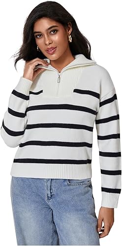 RoseSeek Women's Striped Quarter Zip Pullover Top Long Sleeve Knit Collared Swea