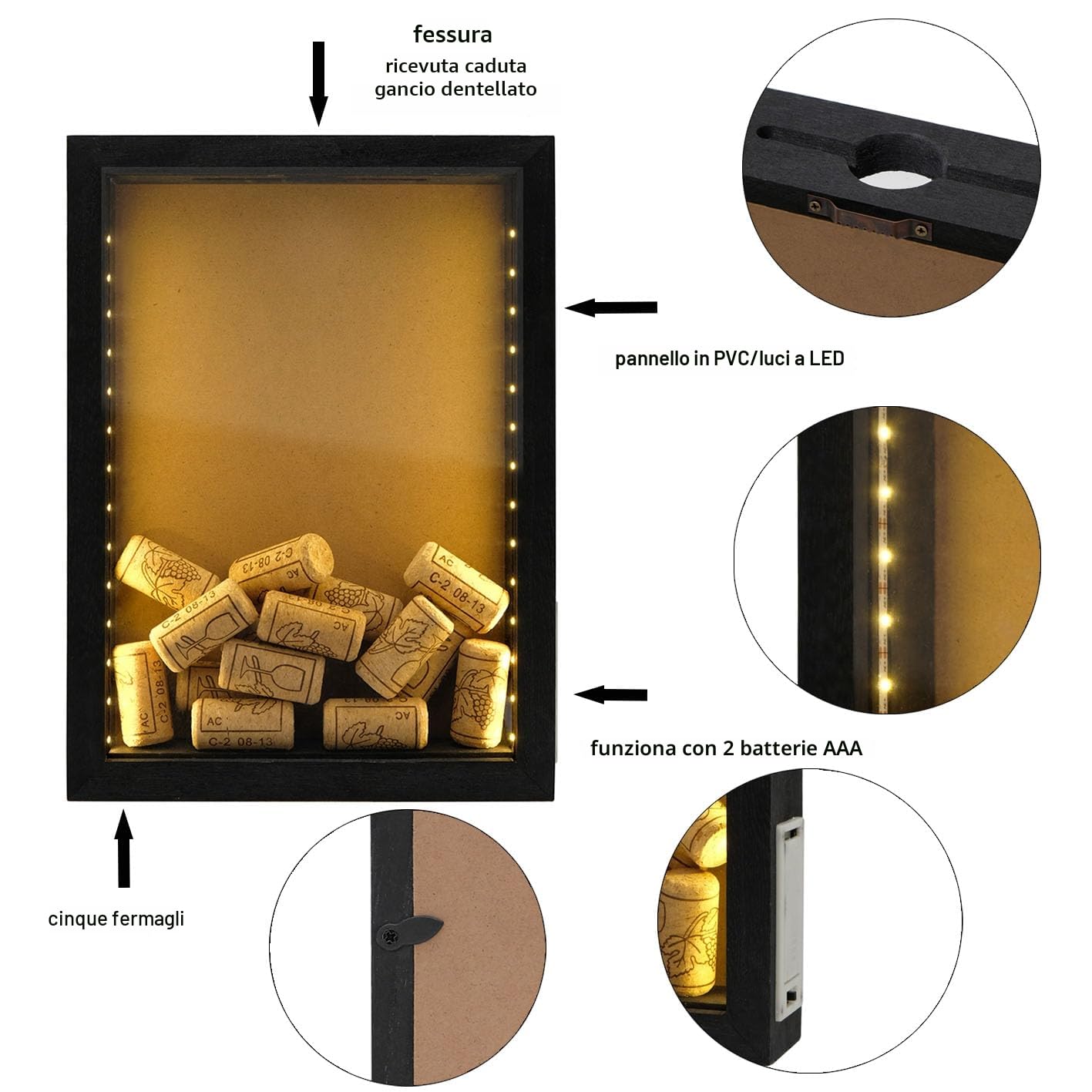 hvfun Scatola per ombre in legno rustico nero con luci, vetrina illuminata a LED per tappi per vino, cartoline ed espositori creativi, presentazioni artistiche