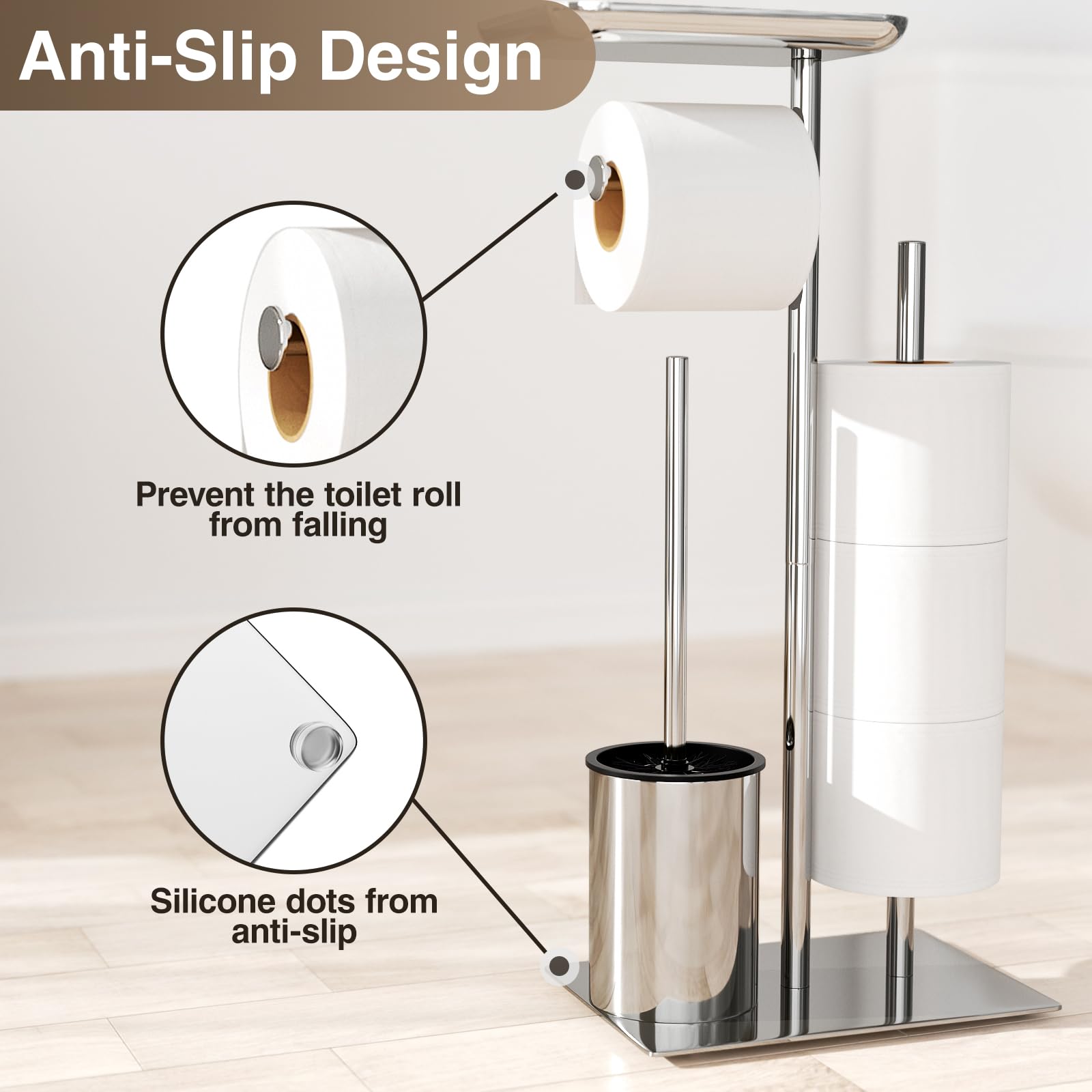 porte-papier papier et porte toilette debout argenté avec brosse WC