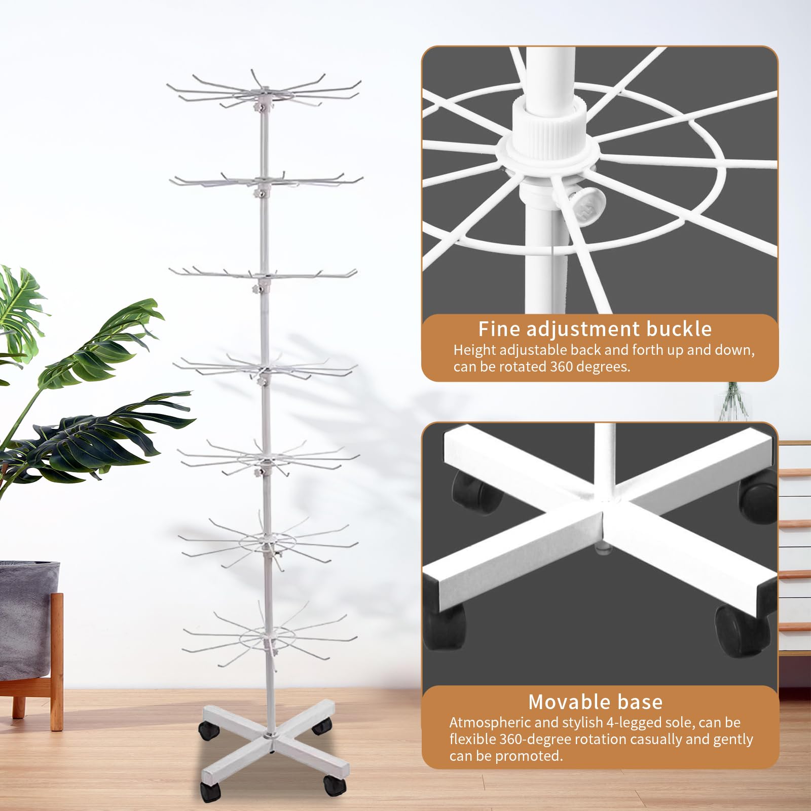 Espositore girevole a 7 livelli, diametro 40 cm, altezza 160 cm, con gancio, supporto girevole per gioielli, in metallo per catena, sciarpe, calze, cartolina (bianco)