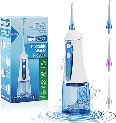 Water Dental Flosser for Teeth Cleaning,Grinest 7 Levels Cordless Powerful Battery Water Teeth Cleaner Pick Care Portable ...