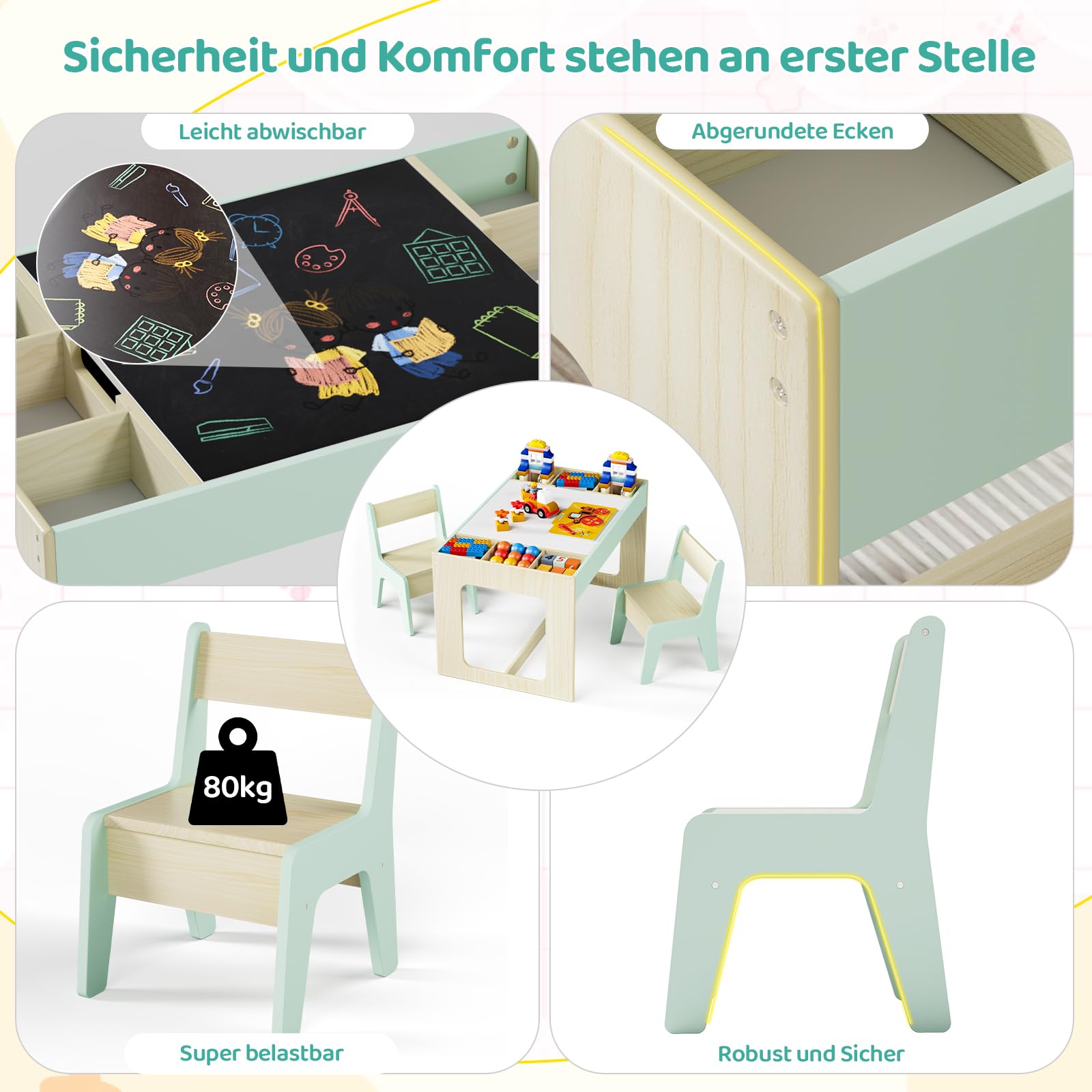 MAMIZO Table Enfant avec Rangement, Table Enfant en Bois avec 2 Chaises, avec Plateau de Réversible, pour la Garderie l'école, Dessiner Jouer, Bureau pour 3 Ans +, Couleur de Bois avec Vert