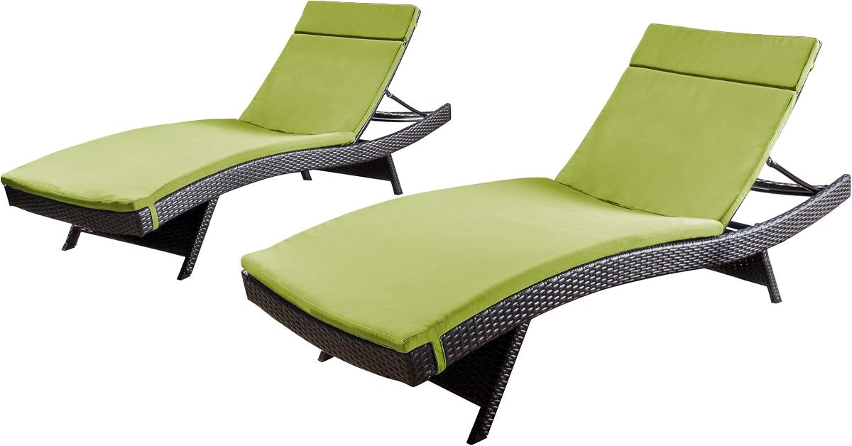 Christopher Knight Home Salem Chaise Lounges ajustables de mimbre al aire libre con cojines, juego de 2 piezas, marrón múltiple/verde brillante