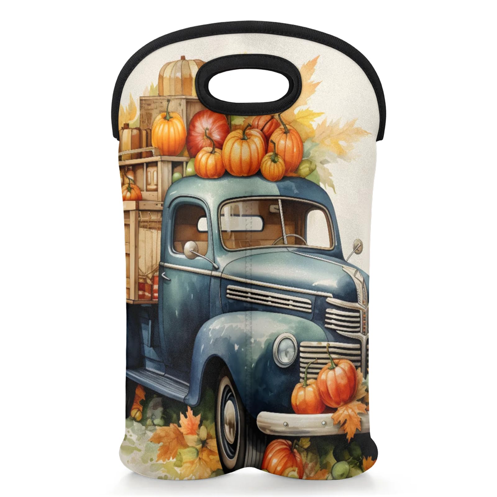 GzLeyigou 2 Bottles Pumpkin Truck Wine Bag Sleeve Totes Neoprene Protective Wine Carrier Bag for Wine,Water, Champagne, Beer, Baby Bottles,Gift 14.5 x 10 Inches