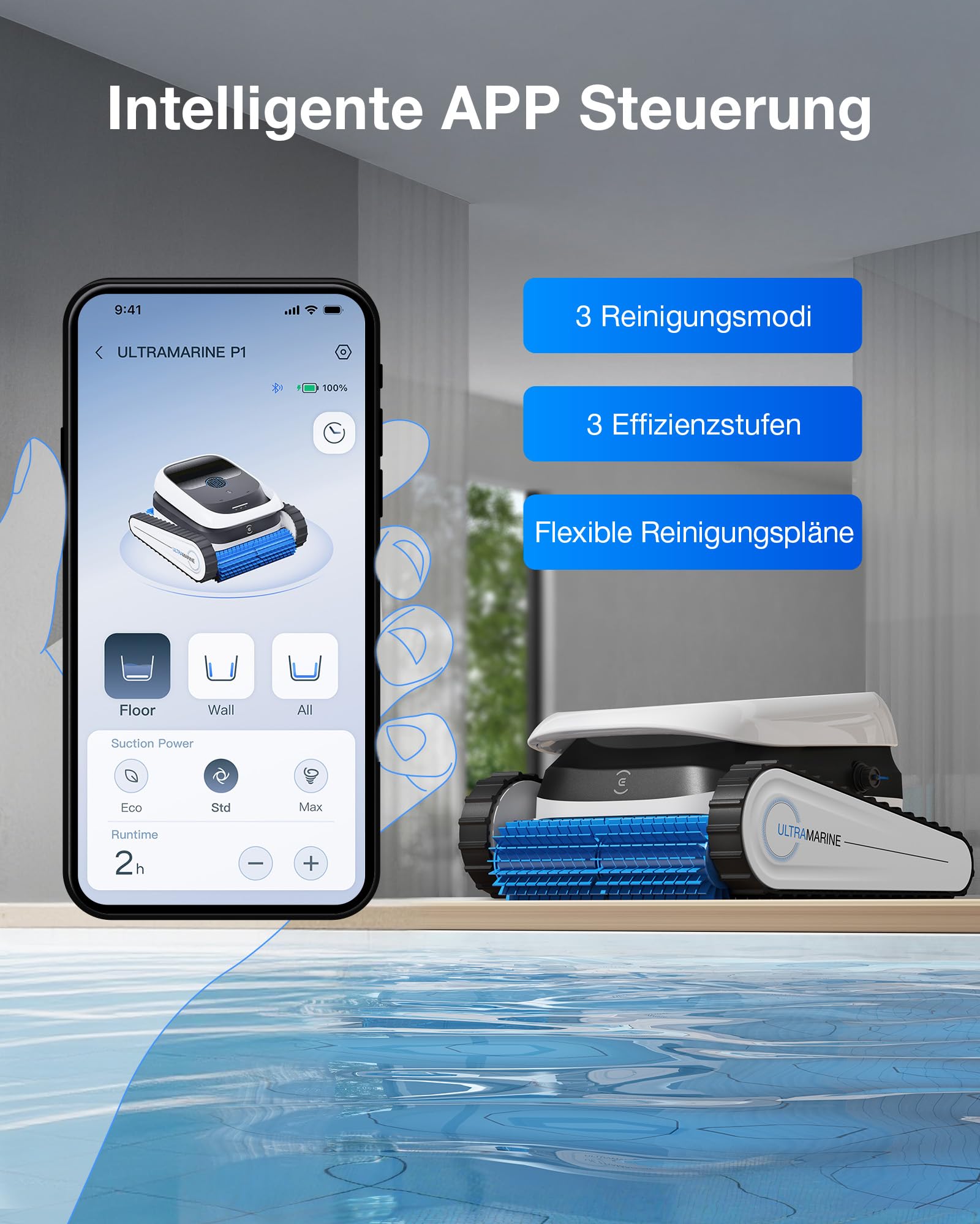 ECOVACS Ultramarine P1 Poolroboter für Boden und Wände, 180 Min. Akku, bis zu 180m², 4800 GPH UltraPure-Saugkraft, Pool-Saugroboter mit App, Doppelschicht-Filter, SmartNavi-Navigation (White)