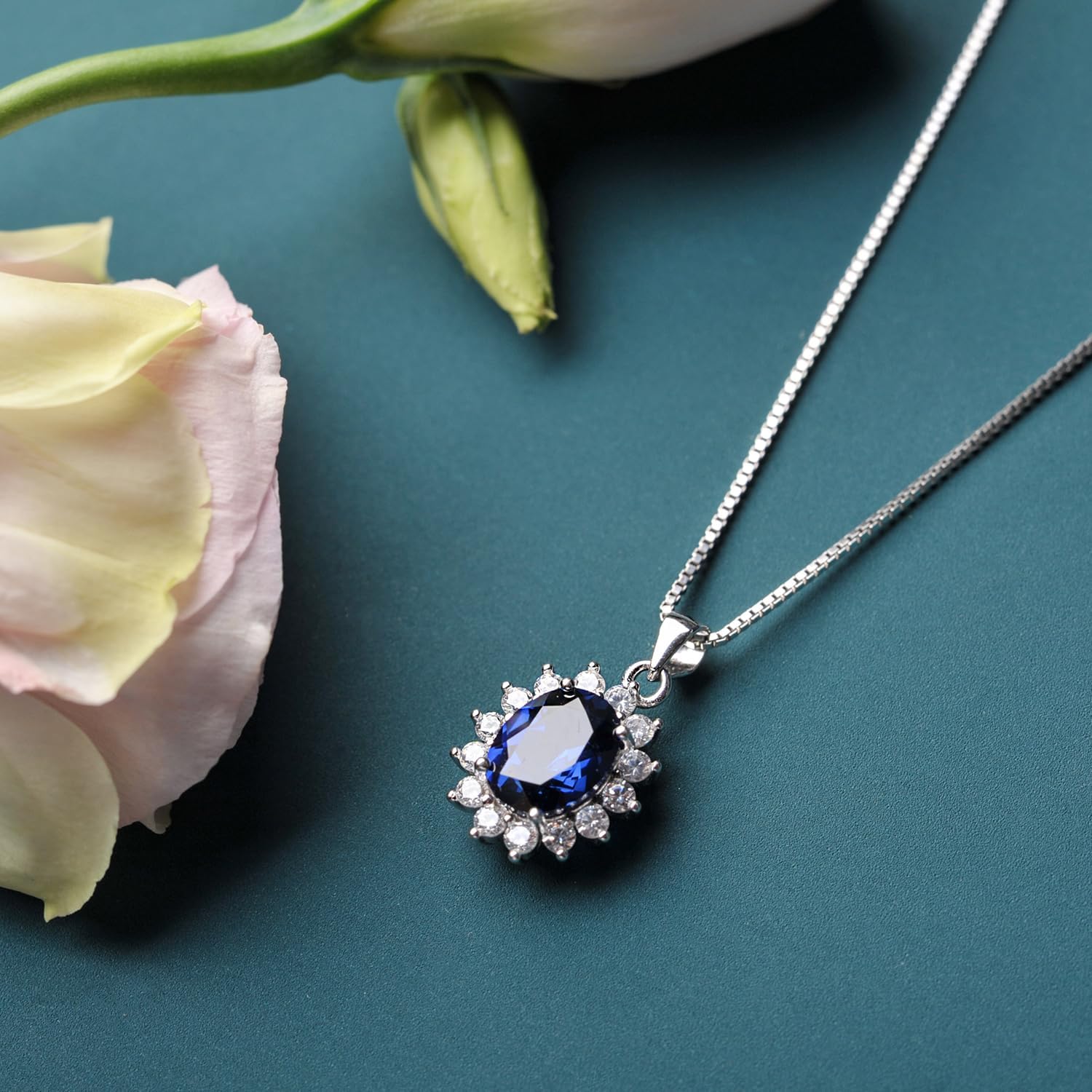 Princess Diana Created Sapphire 925 Sterling Silver Halo Pendant Necklace For Women, Blue Birthstone 14k White Gold Plated Necklace For Her, Anniversary Birthday Jewelry Set 45cm Box Chain
