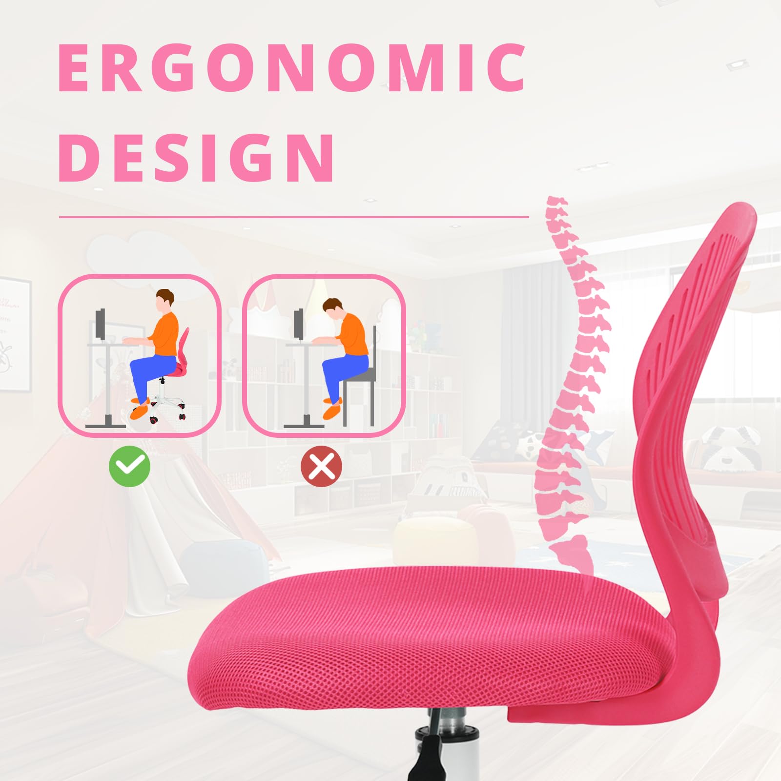 FurnitureR Silla de Oficina Adecuada para niños para Aprender en casa, Silla de Ruedas ergonómica Ajustable en Altura para jóvenes Estudiantes, diseño Rosa Vivo