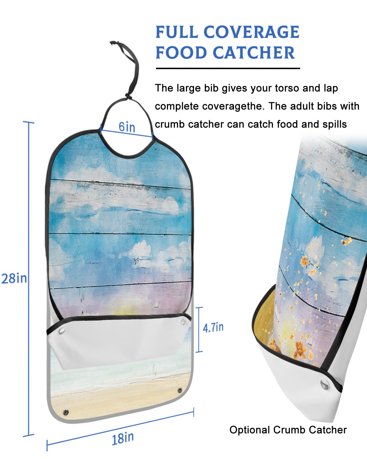 LEOKOTI Ocean Beach Adult Bibs for Eating, Waterproof Bibs with Food Catcher & Adjustable Snap Closure, Watercolor Blue Sky Wood Washable Clothing Protectors Adult Bibs for Elderly Women/Men