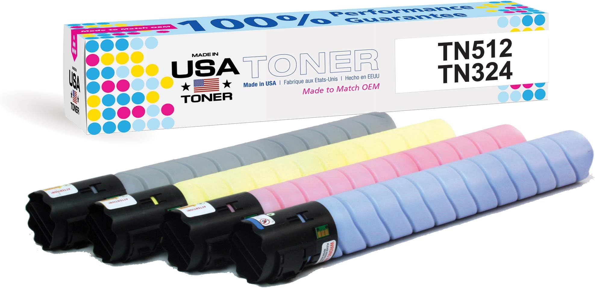 MADE IN USA TONER Compatible Replacement for use in Konica Minolta bizhub C258, c308, c368, c454, c554, C454e, C554e Universal (TN-324K/C/M/Y, TN-512C/M/Y/K) (Black,Cyan,Yellow,Magenta, 4-Pack)