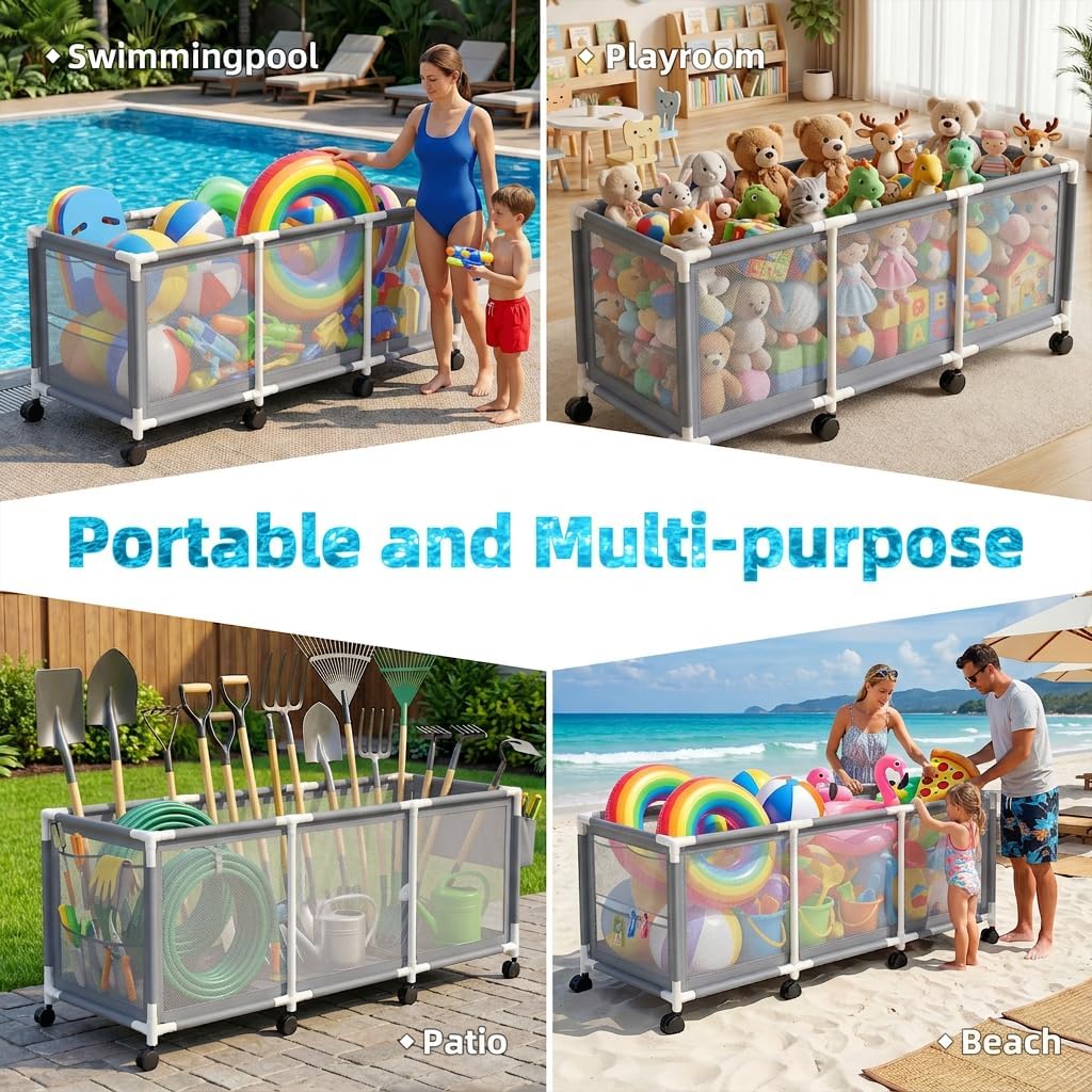 Jotesnew 365 Gallon 103" L Extra Large Swimming Pool Storage Bin, Pool Noodles Holder, Toys, Floats, Balls and Floats Equipment Mesh Rolling Storage Organizer Bin, 103" Lx32 Wx35 H (Gray)