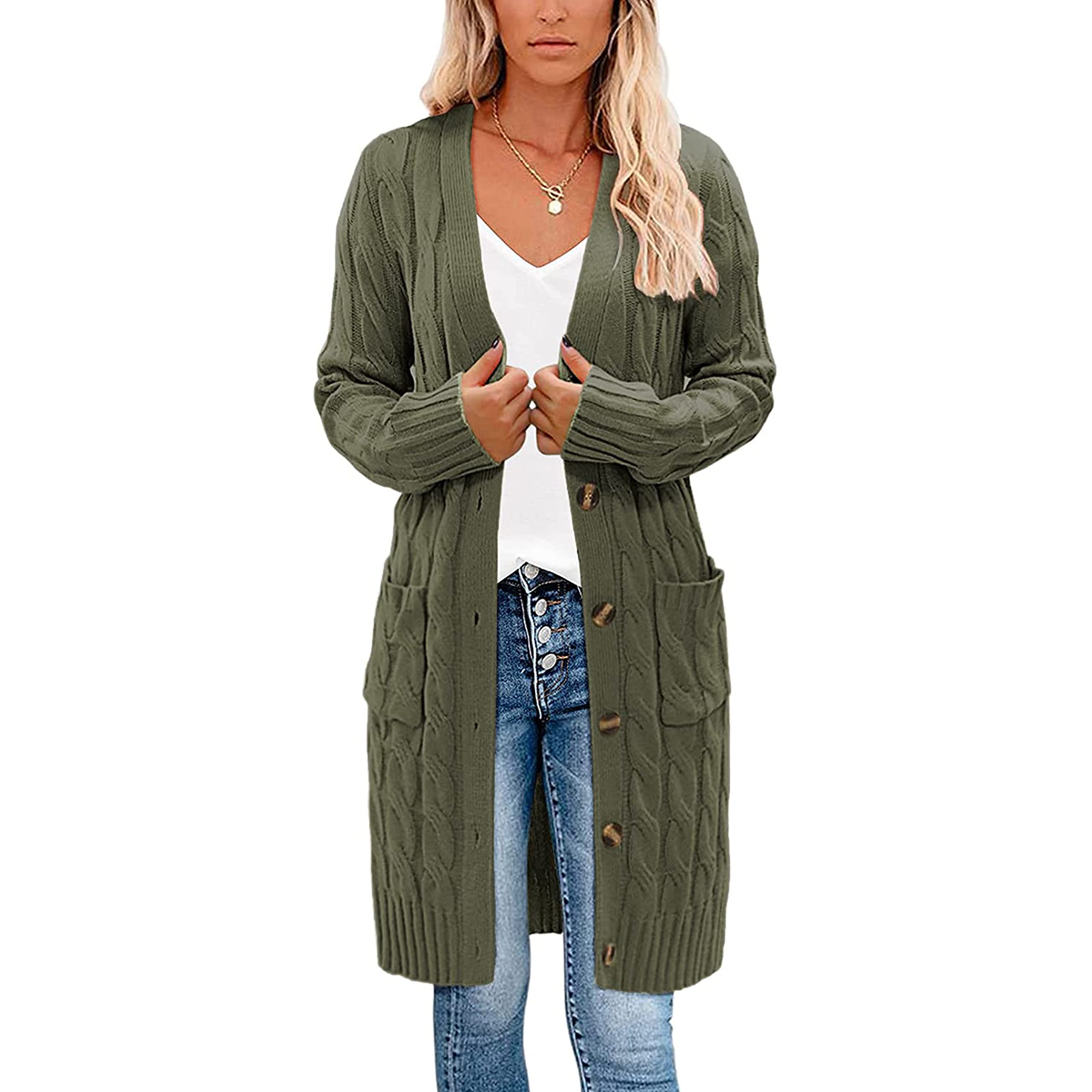 kinstell Damen-Strickjacke mit Knöpfen, langärmelig, dick, geflochten, lang, für Freund, Opa, Braun