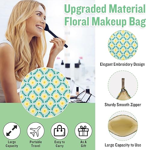 Miniatura 3 de izuzta Bolsa de maquillaje floral para cosméticos de flores, grande, bonita bolsa de maquillaje acolchada, amarillo (Floral Yellow)