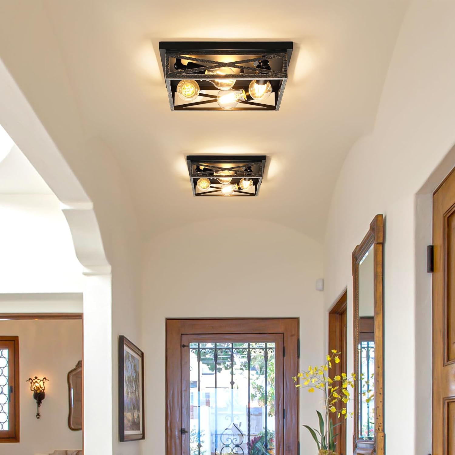 Farmhouse Rustic Ceiling Light for Kitchen, 4-Light Hallway Flush Mount Light Fixtures Ceiling Mount, Industrial Metal Cage Ceiling Light for Farmhouse,Kitchen,Hallway E26 Base (1 Pack 13in)