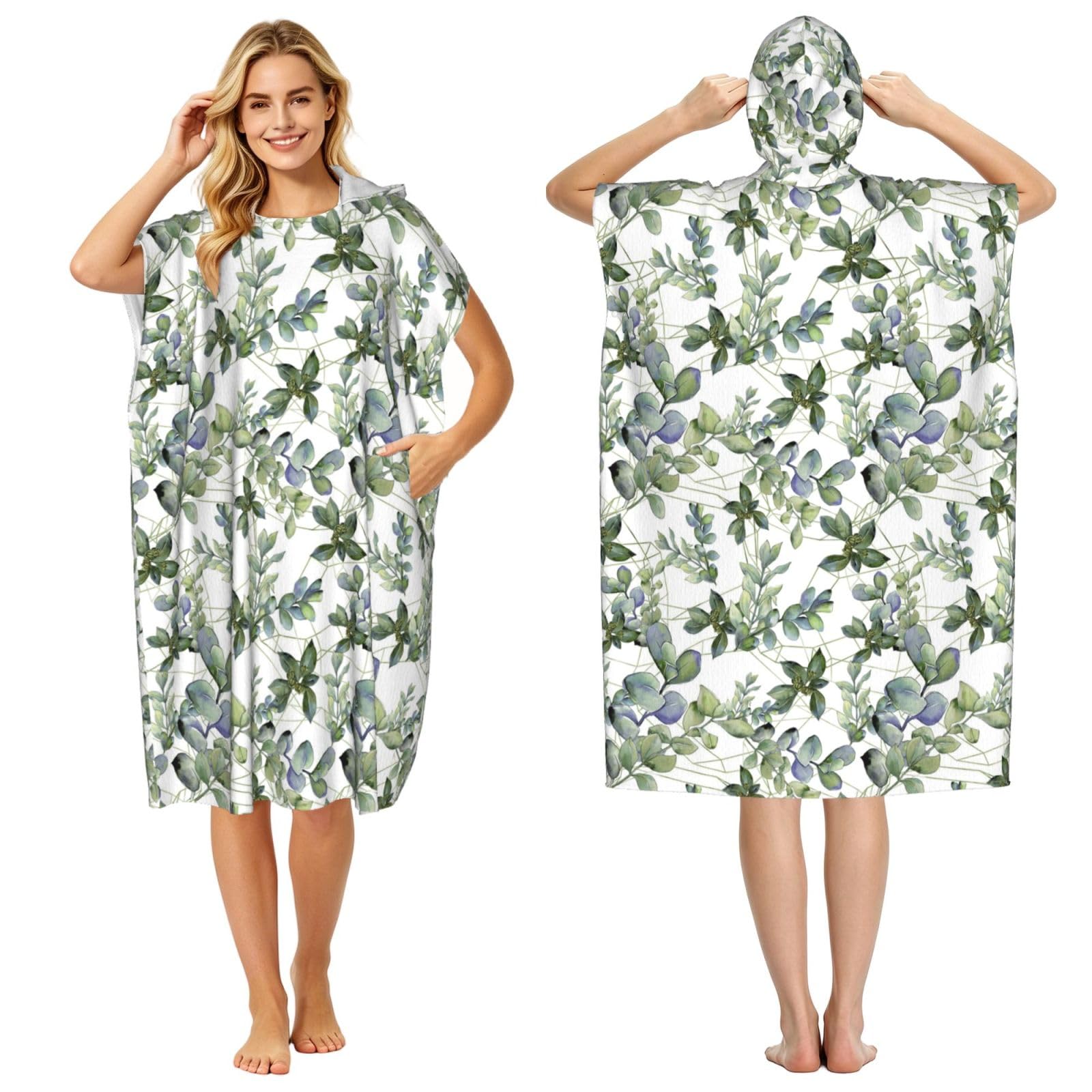 Poadnly Green Eucalyptus Leaves Printed, Adult Hooded Beach Towel 90 x 110 cm,Changing Bath Robe, Surf Poncho Towel For Women Men