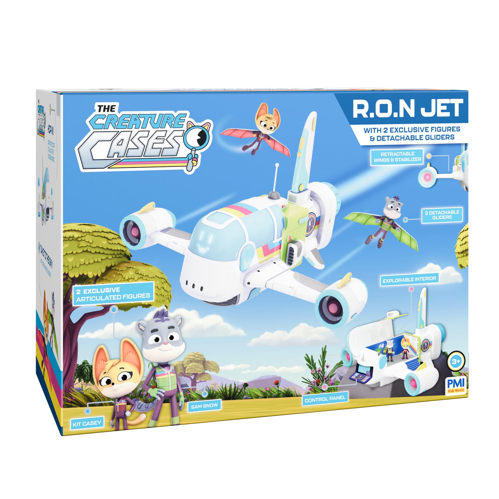 BANDAI - Wilde Ermittlungen – R.O.N Jet Box – Flugzeug mit 2 exklusiven Figuren und abnehmbaren Segelflugzeugen – Interaktives Fahrzeug für Kinder der Creature Cases Serie – Spielzeug für Kinder ab 3