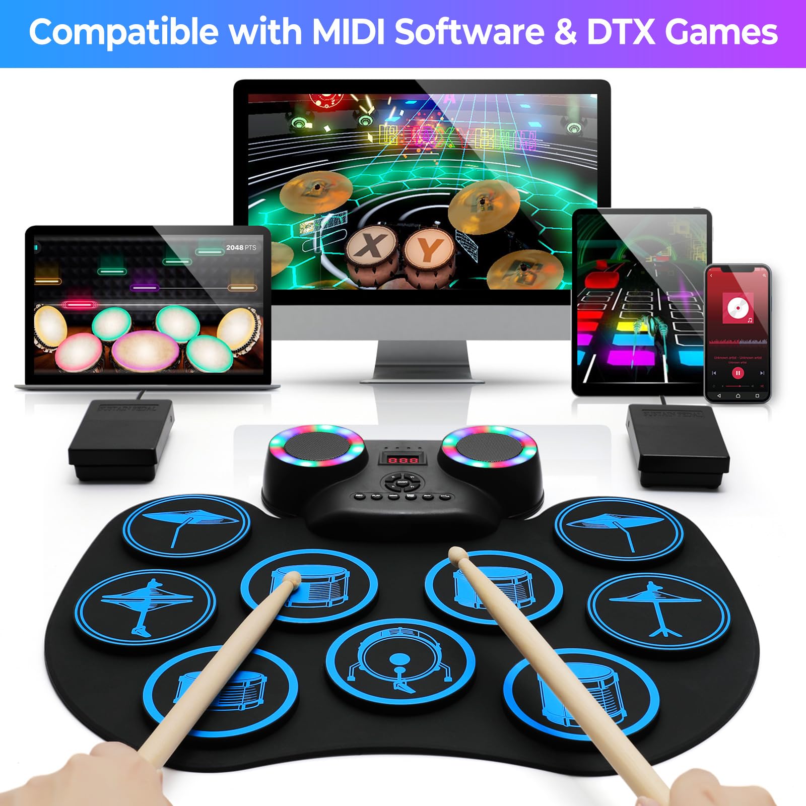 Batería Electrónica Enrollable De 9 Pads - Con Baquetas, Altavoces Integrados, Entrada Auriculares, Ideal Para Práctica Y Niños