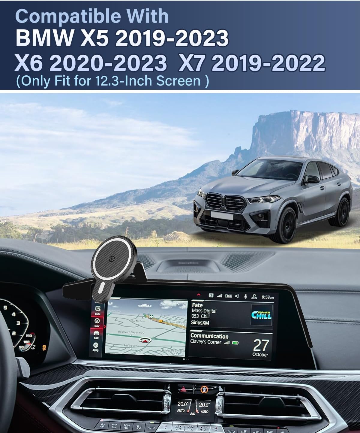 PZK Car Phone Mount Fit for BMW X5 2019-2023/X6 2020-2023/X7 2019-2022 Accessories 12.3-Inch Screen Fixed Clip, Car Phone Holder Magnetic 15W Fast Wireless Charging, 360° Rotation Automobile Cradles