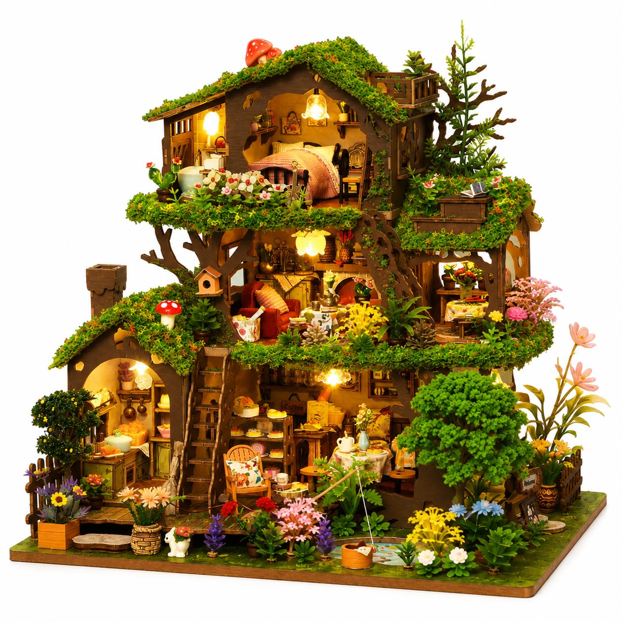 Roroom Miniatur Haus, Wald-Baumhaus Puppenhaus aus Holz | mit warmem LED-Licht und Musikbox, 3D Holzpuzzle Bastelset für Regal- und Zimmer Deko, kreatives Geschenk für Naturfans