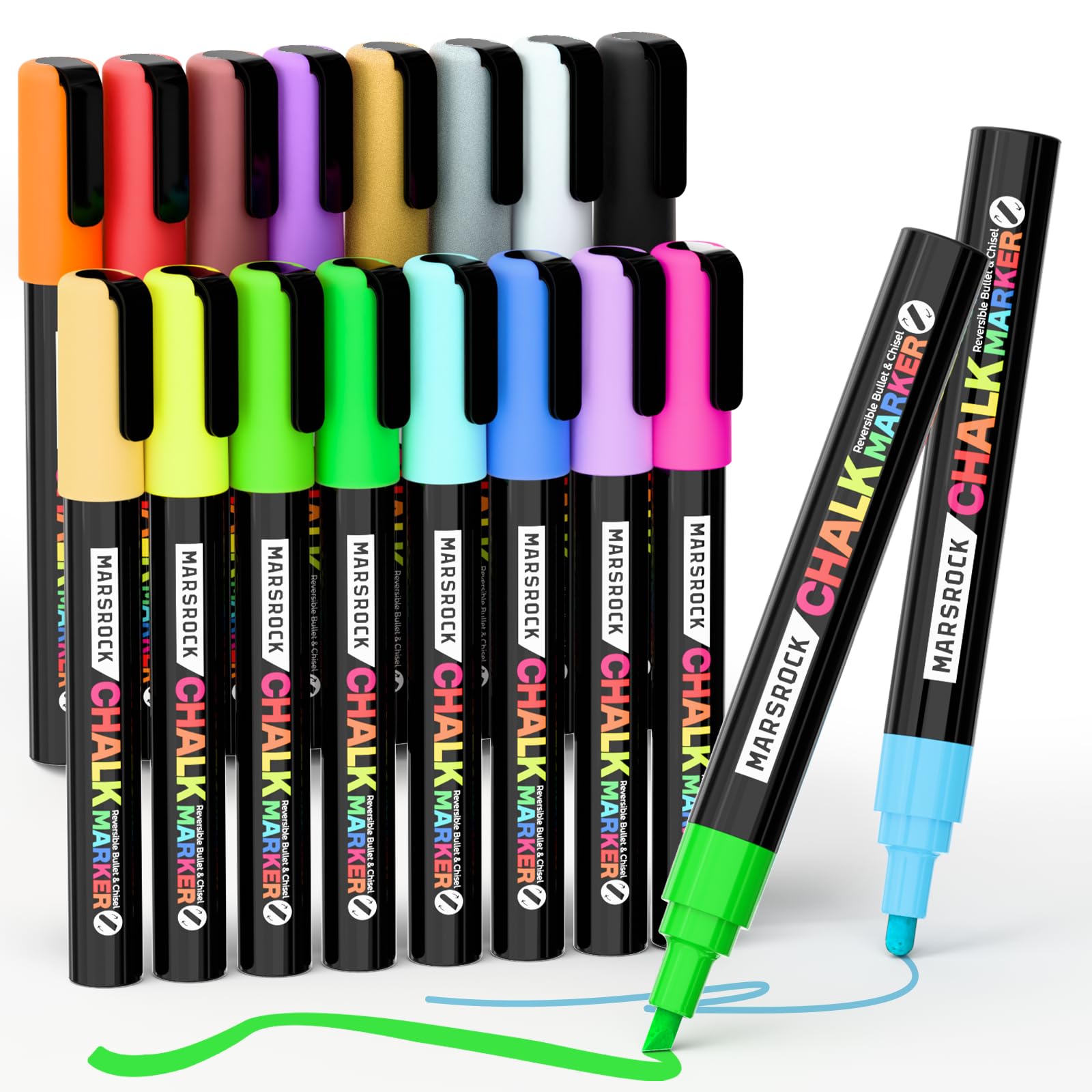 Marsrock Liquid Chalk Markers,16 Vibrant Colors Chalk Pens, Reversible Tip