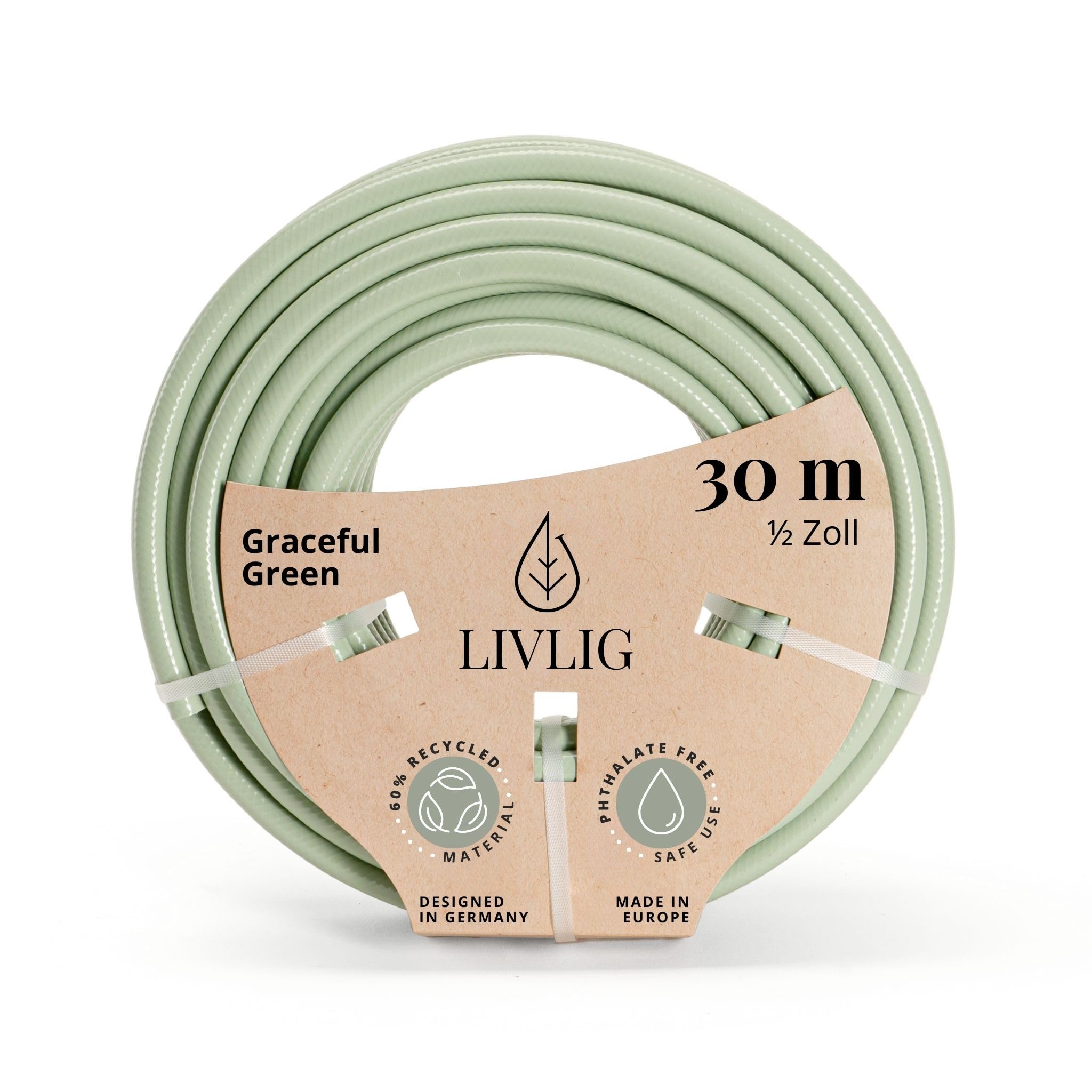 LIVLIG Gartenschlauch 30m, flexibler Premium Wasserschlauch aus 60 Prozent Recyclingmaterial, UV beständig, knickfest, Design Gartenschlauch 1/2 Zoll in Grün